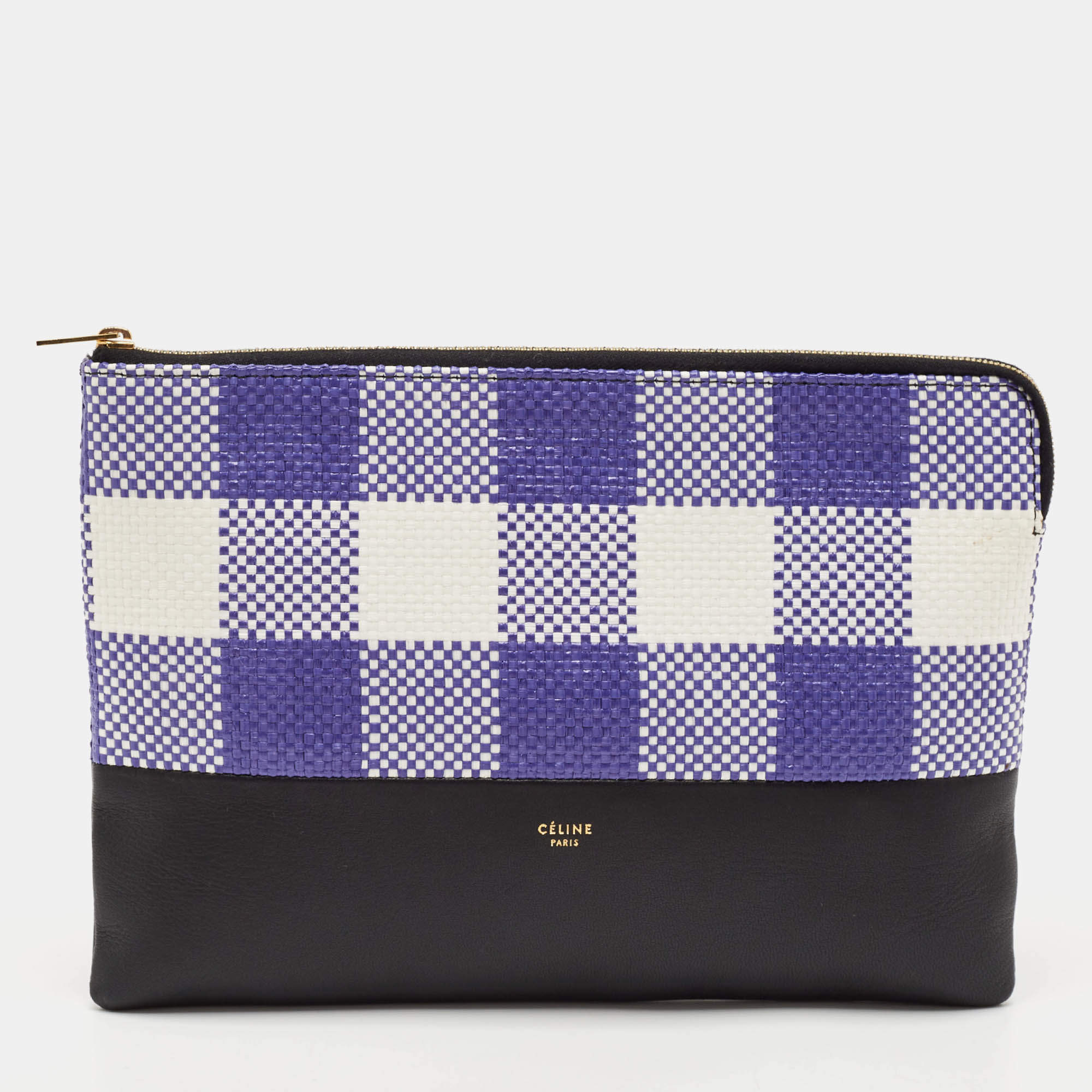 Celine Purple/Black Woven Raffia and Leather Gingham Clutch