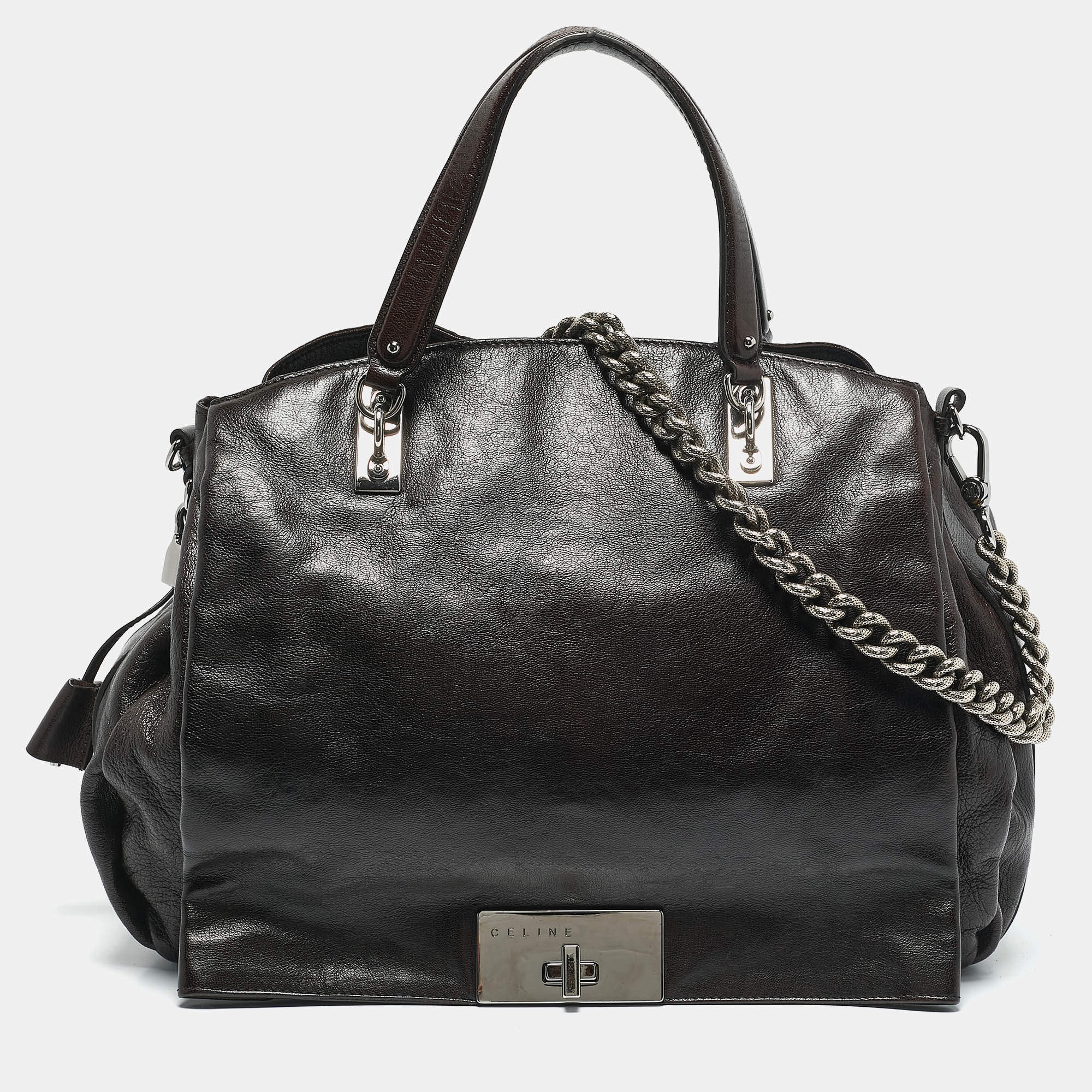 Pre Owned Celine Choco Brown Leather Turn Lock Flap Satchel
