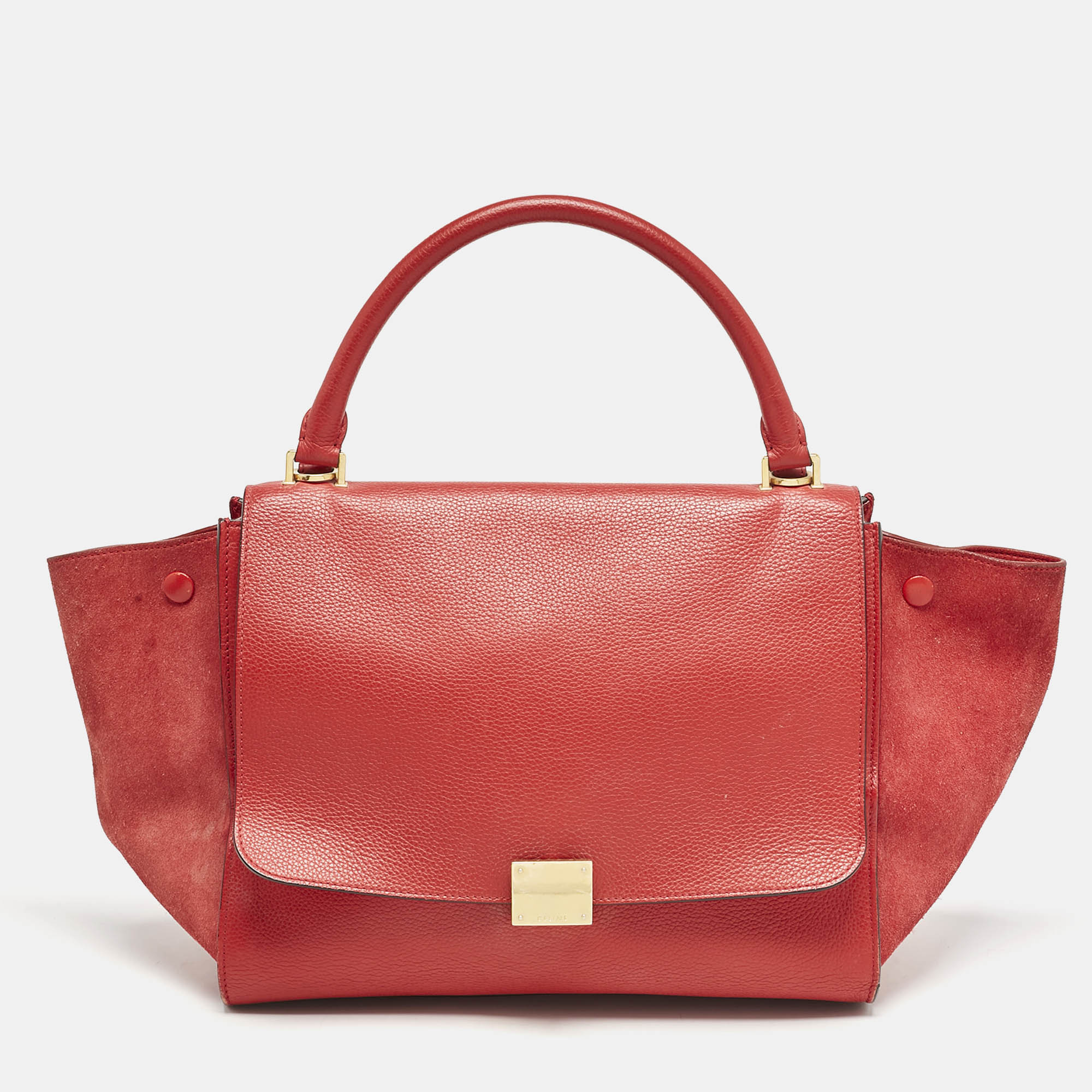 Celine Red Leather and Suede Medium Trapeze Top Handle Bag