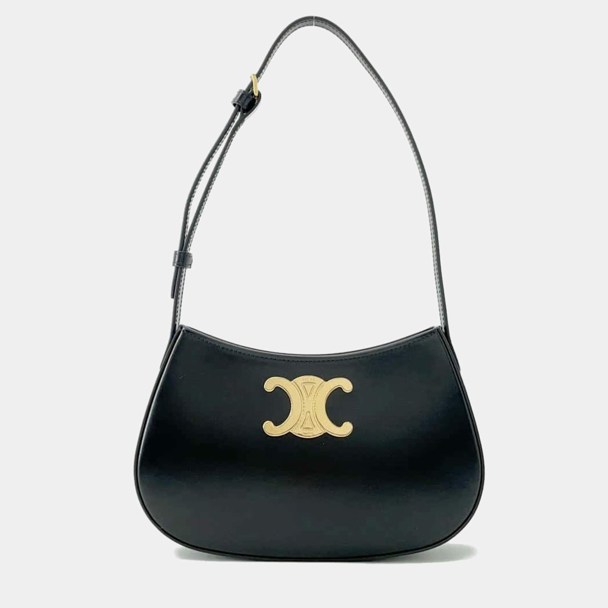Celine Black Calf Leather Triomphe Tilley Medium Shoulder Bag 