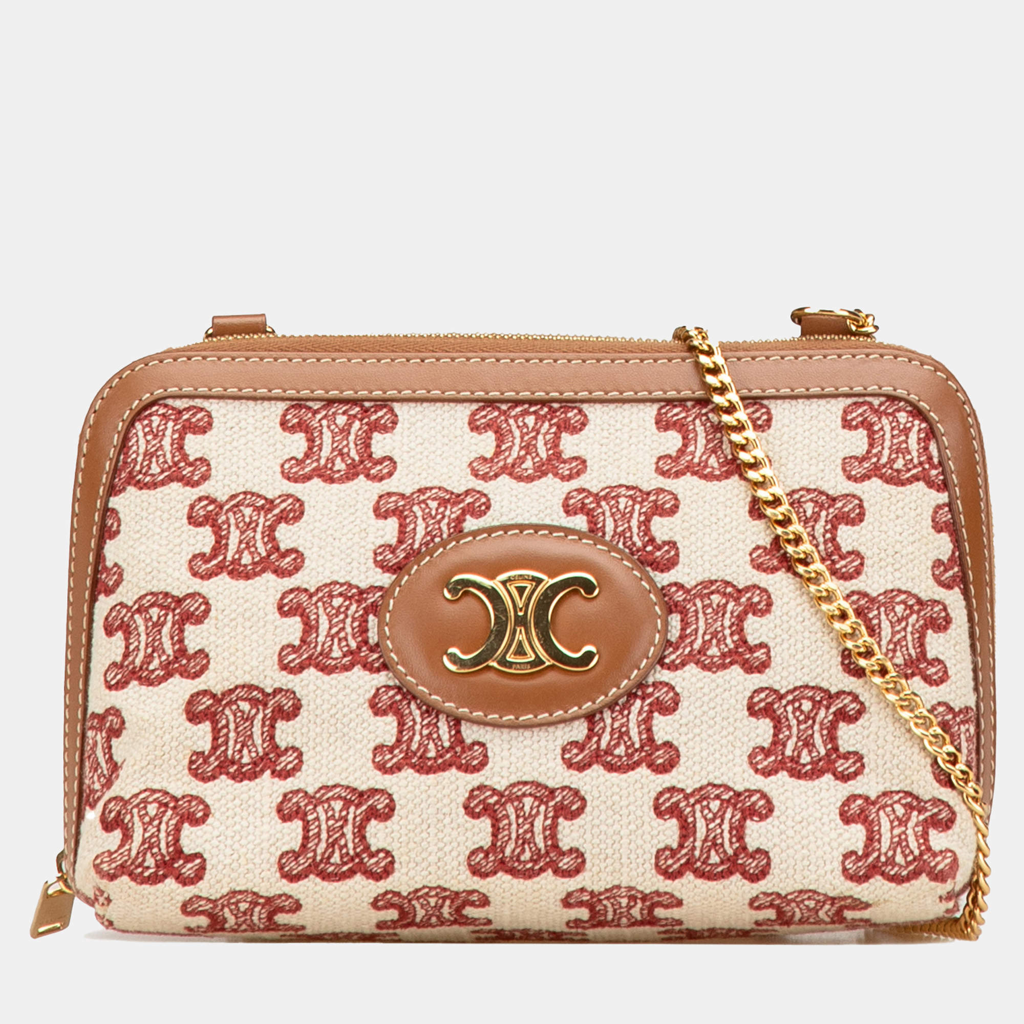 Celine Beige/Brown Triomphe Embroidered Canvas Clutch On Chain