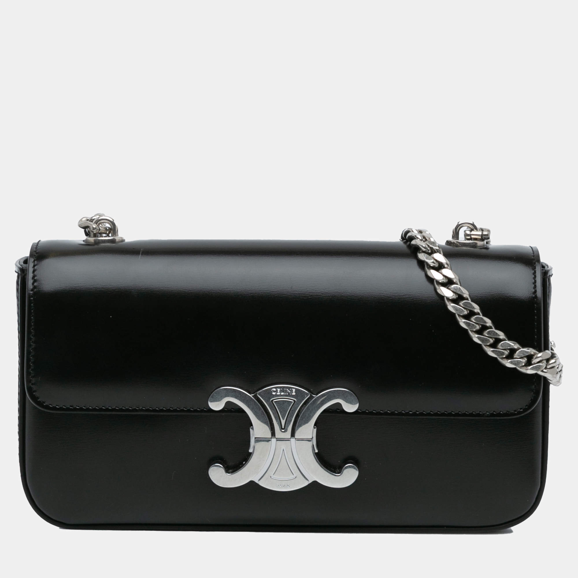 Celine Black Shiny Calfskin Claude Chain Shoulder Bag