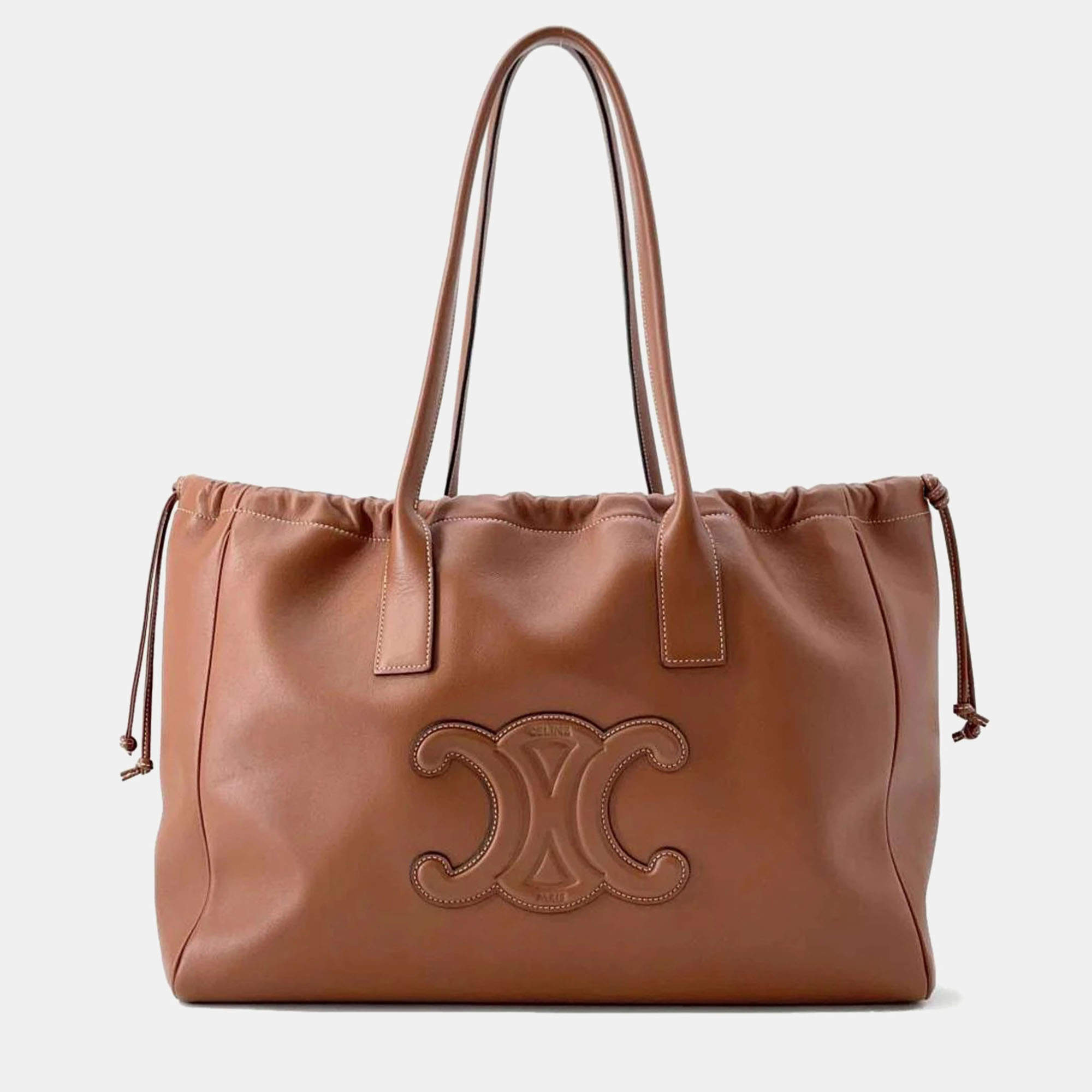 Celine Brown Leather Cuir Cabas Drawstring Bag 