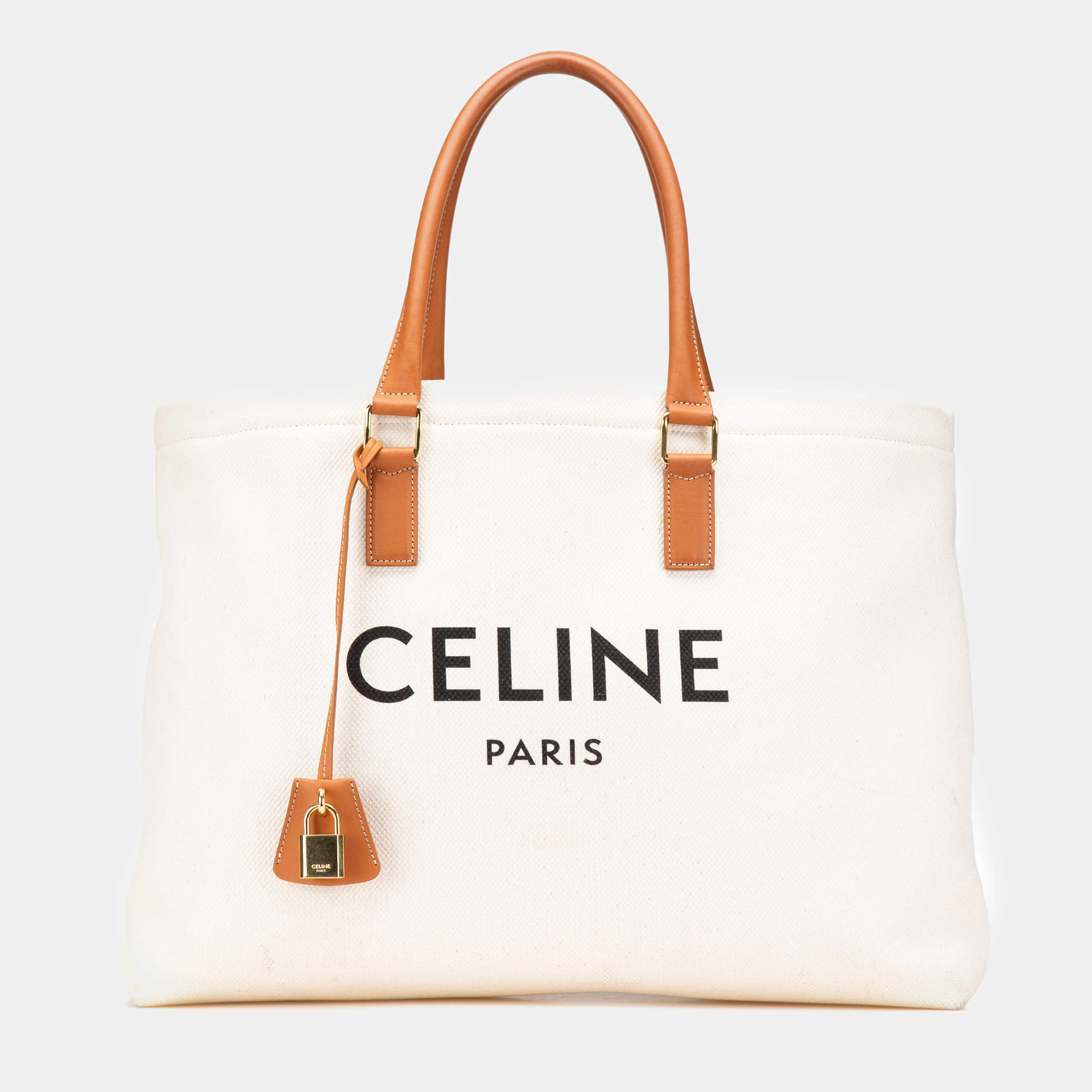 Celine White Small Canvas Logo Print Horizontal Cabas Tote