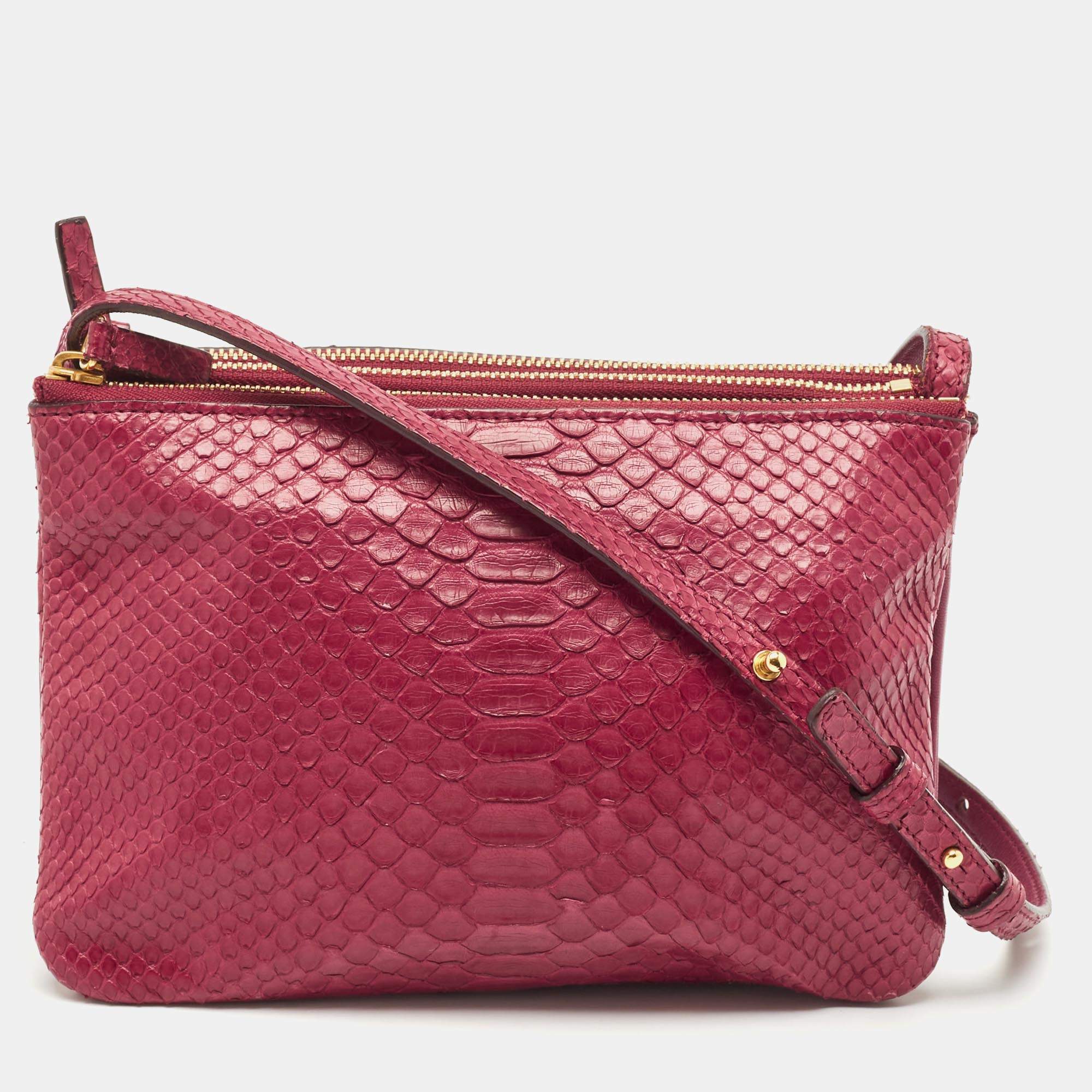 Pre Owned Celine Red Python Small Trio Crossbody Bag