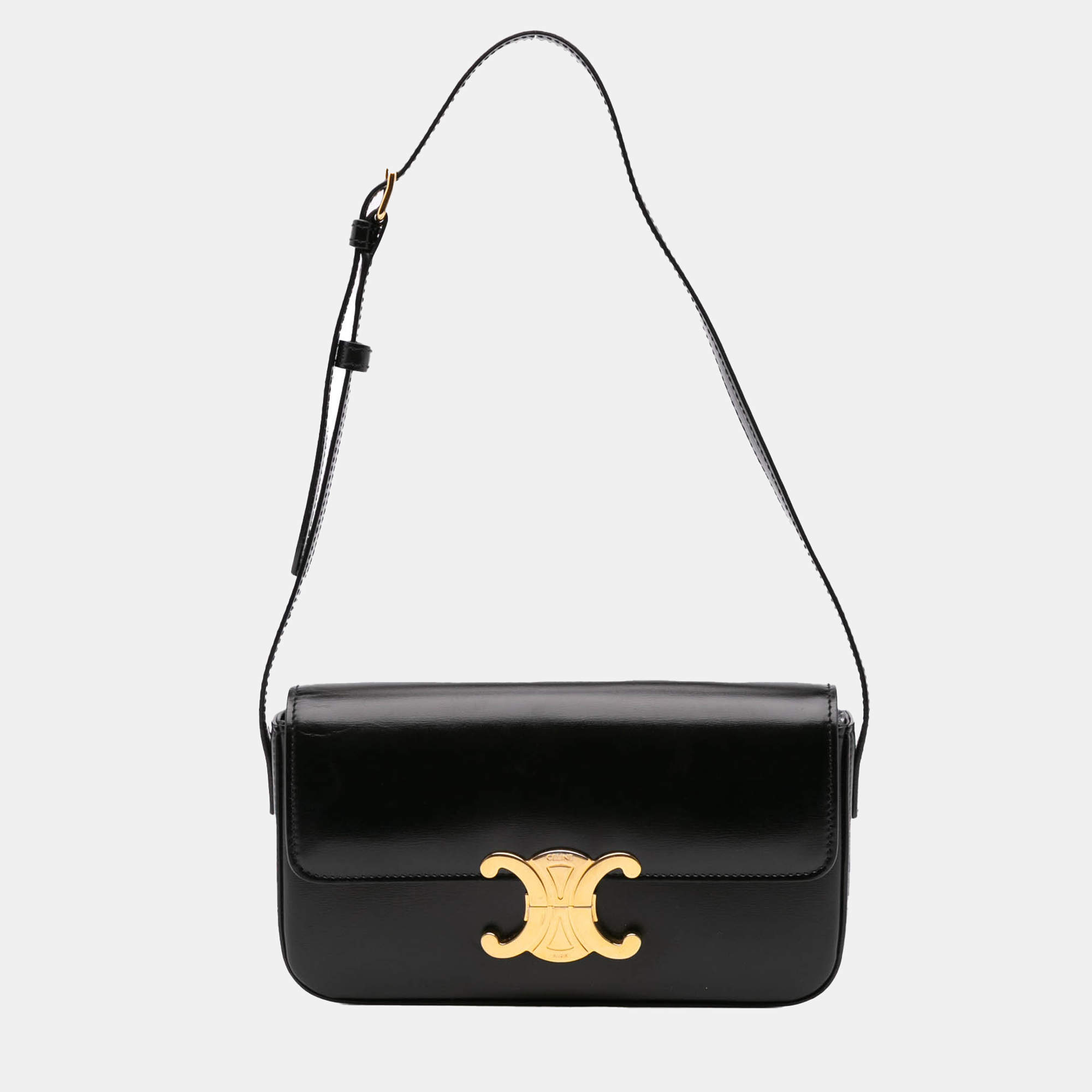 Celine Black Shiny Calfskin Triomphe Claude Shoulder Bag