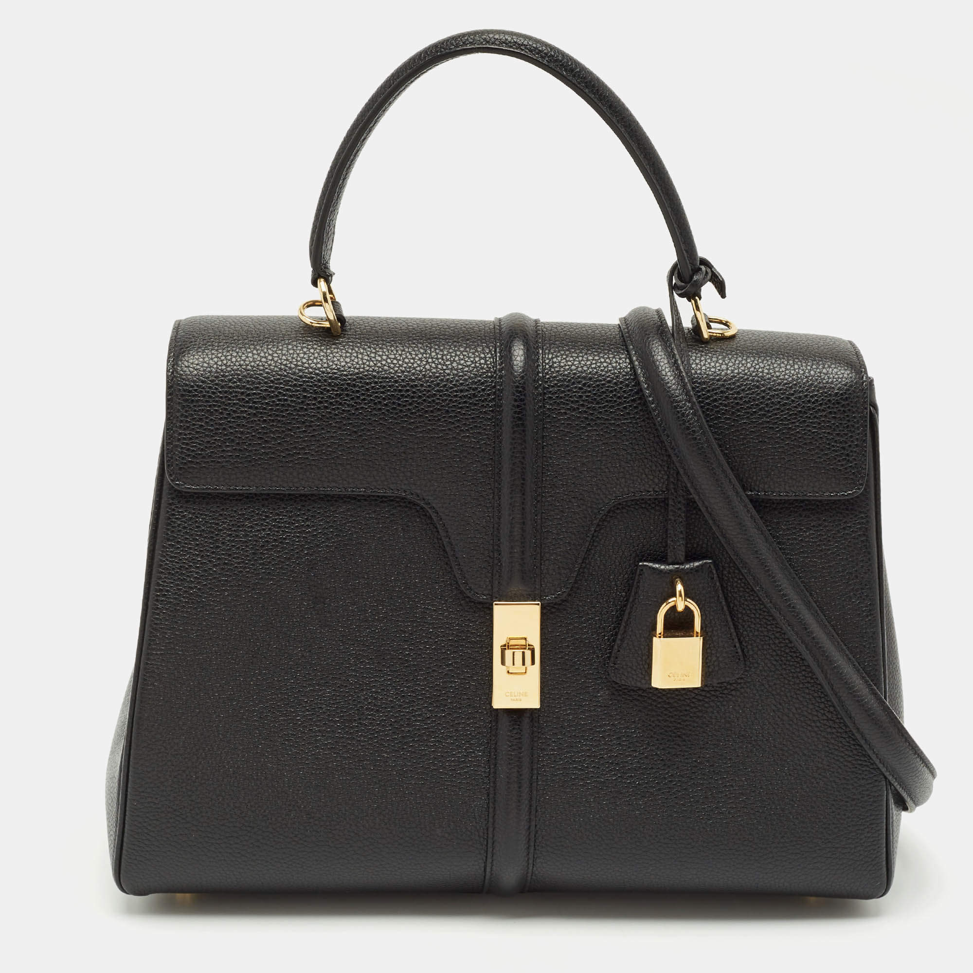 Pre Owned Celine Black Leather Medium Classique 16 Top Handle Bag