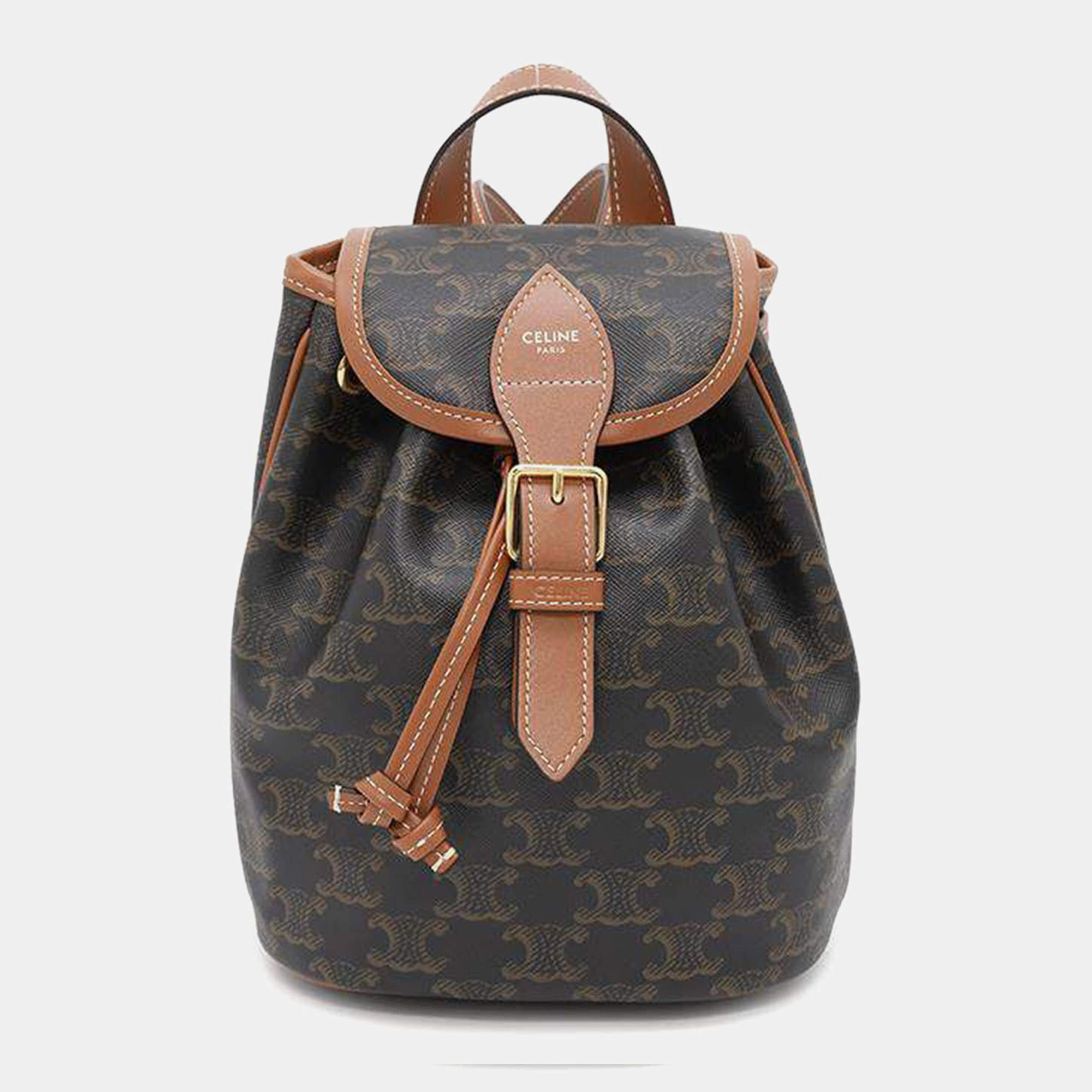 Celine Triomphe Falco Backpack Tan Pvc Coated Canvas Leather Size Mini