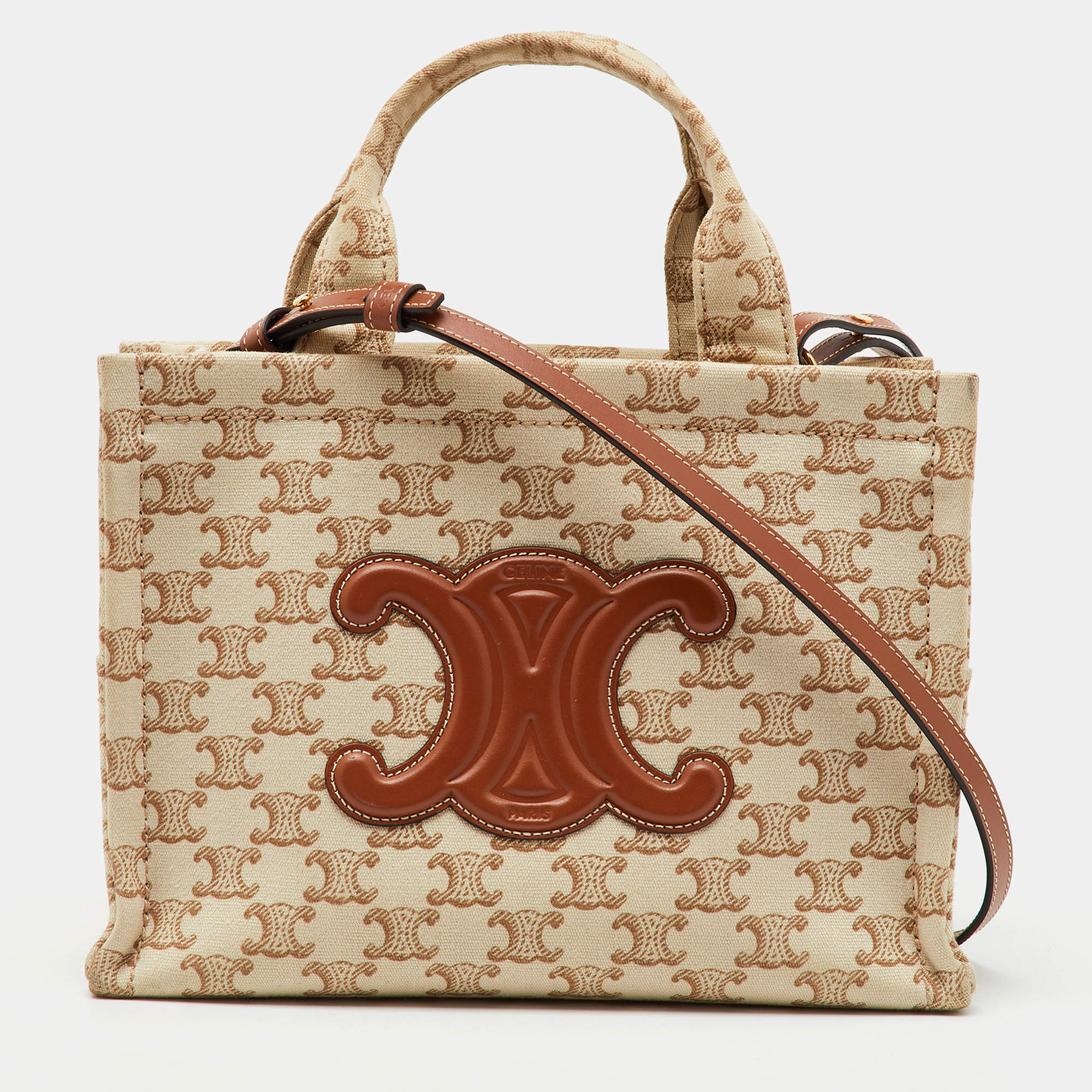 Pre Owned Celine Beige Triomphe Canvas and Leather Small Cabas Thais Tote