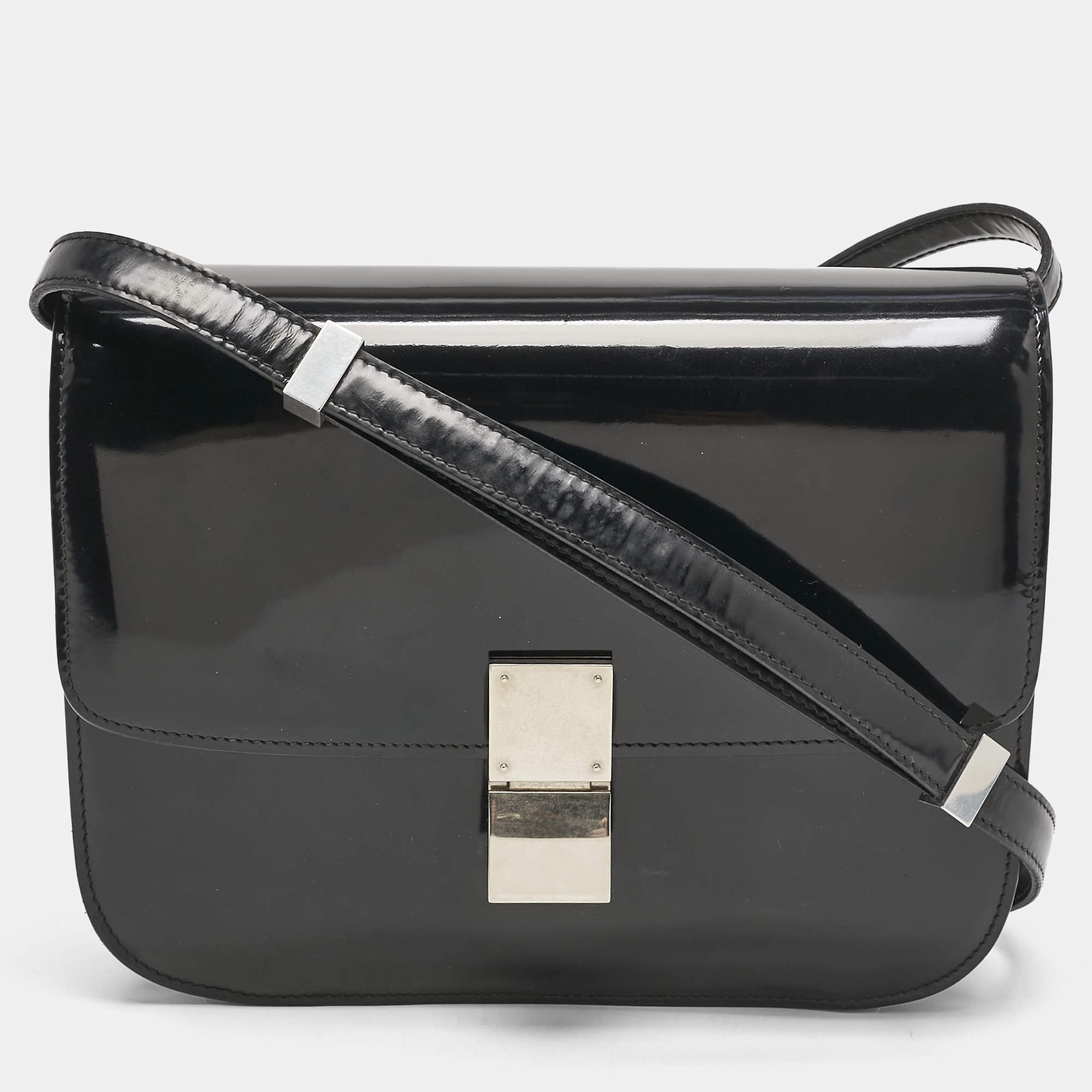 Celine Black Patent Leather Medium Classic Box Shoulder Bag