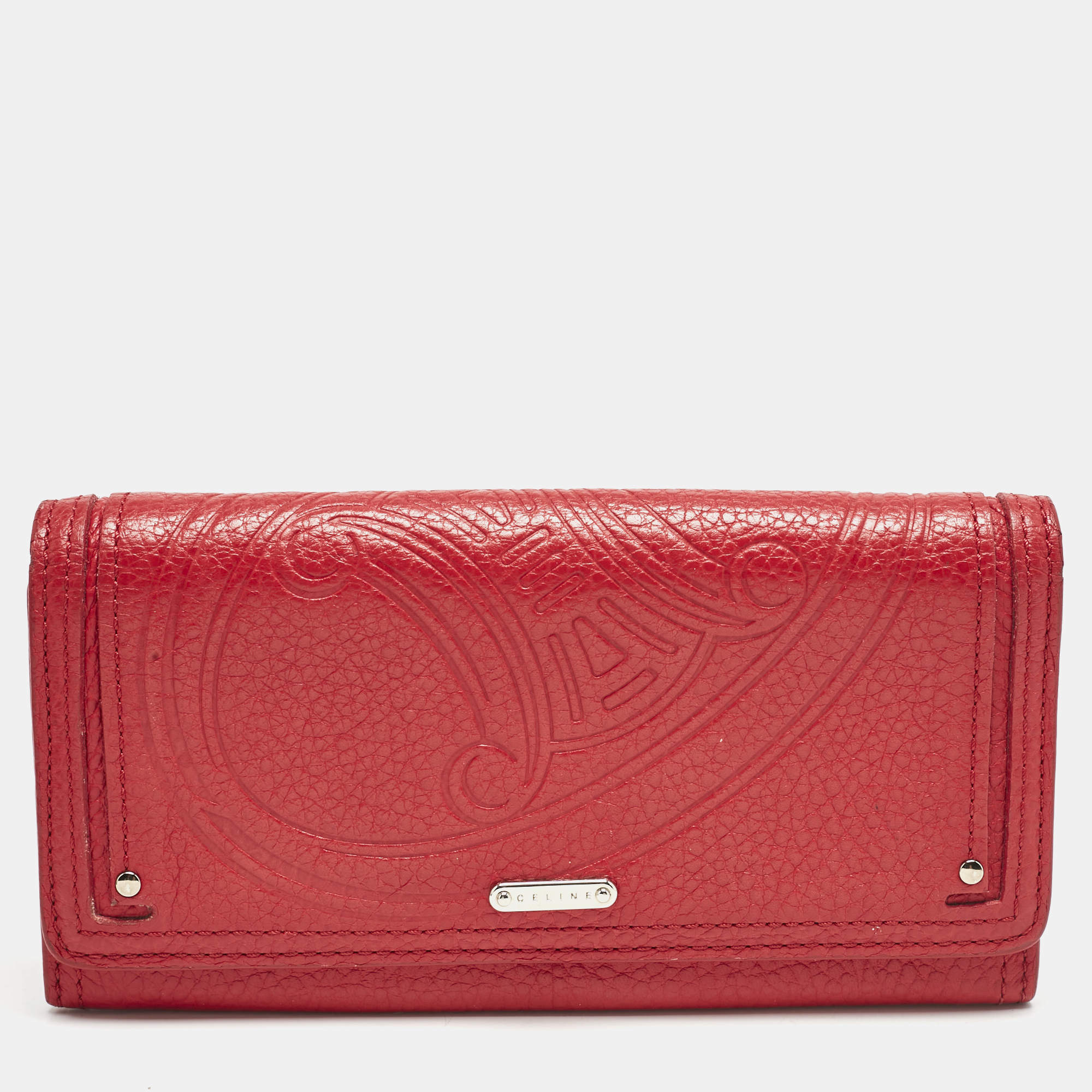 Celine Red Logo Embossed Leather Continental Flap Wallet