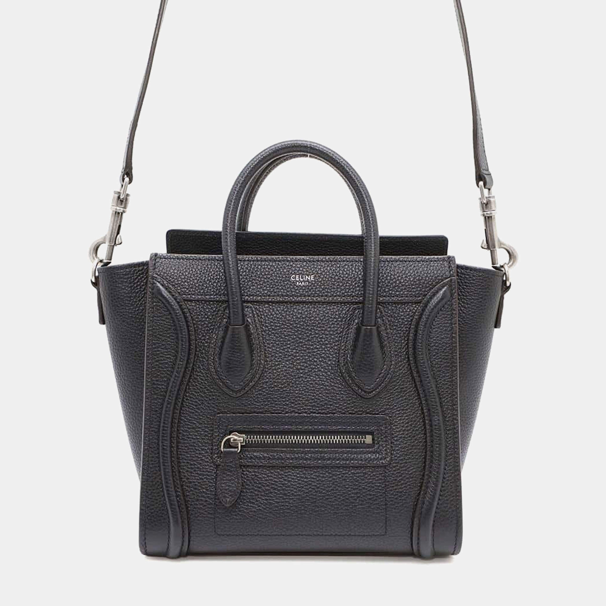 Pre Owned Celine Black Drummed Calf Leather Nano Luggage Tote Bag