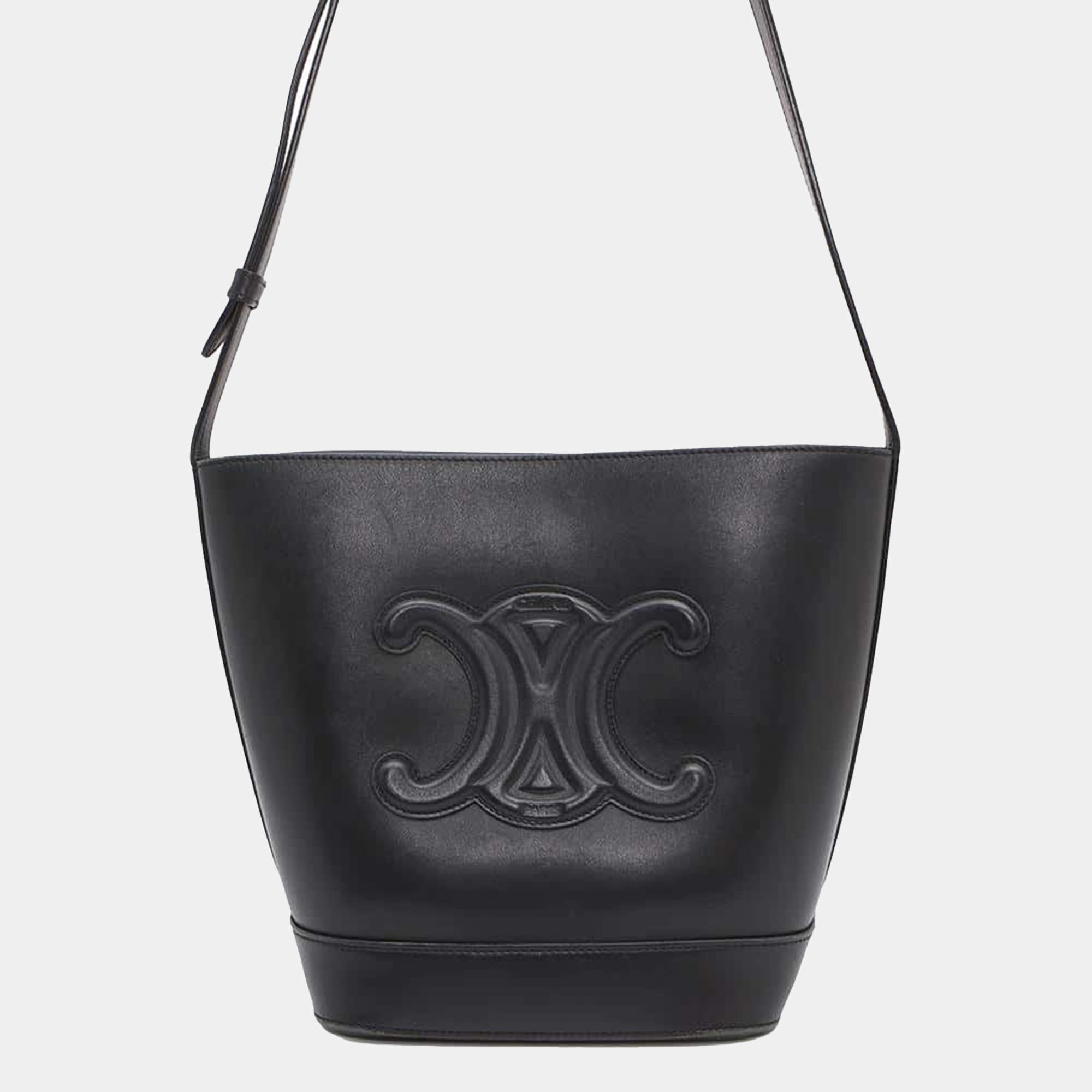 Celine Black Calf Leather Cuir Triomphe Small Bucket Shoulder Bag