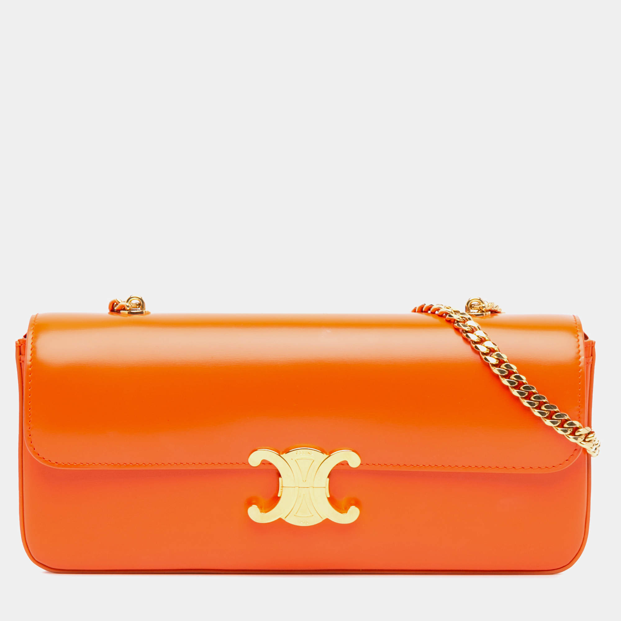 Celine Orange Triomphe Calfskin Cuir Chain Shoulder Bag