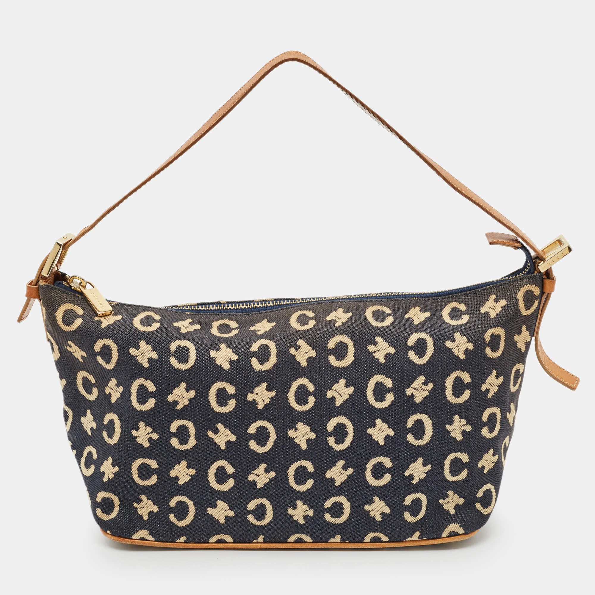 Celine Navy Blue/Brown Macadam Canvas and Leather Boat Shoulder Bag