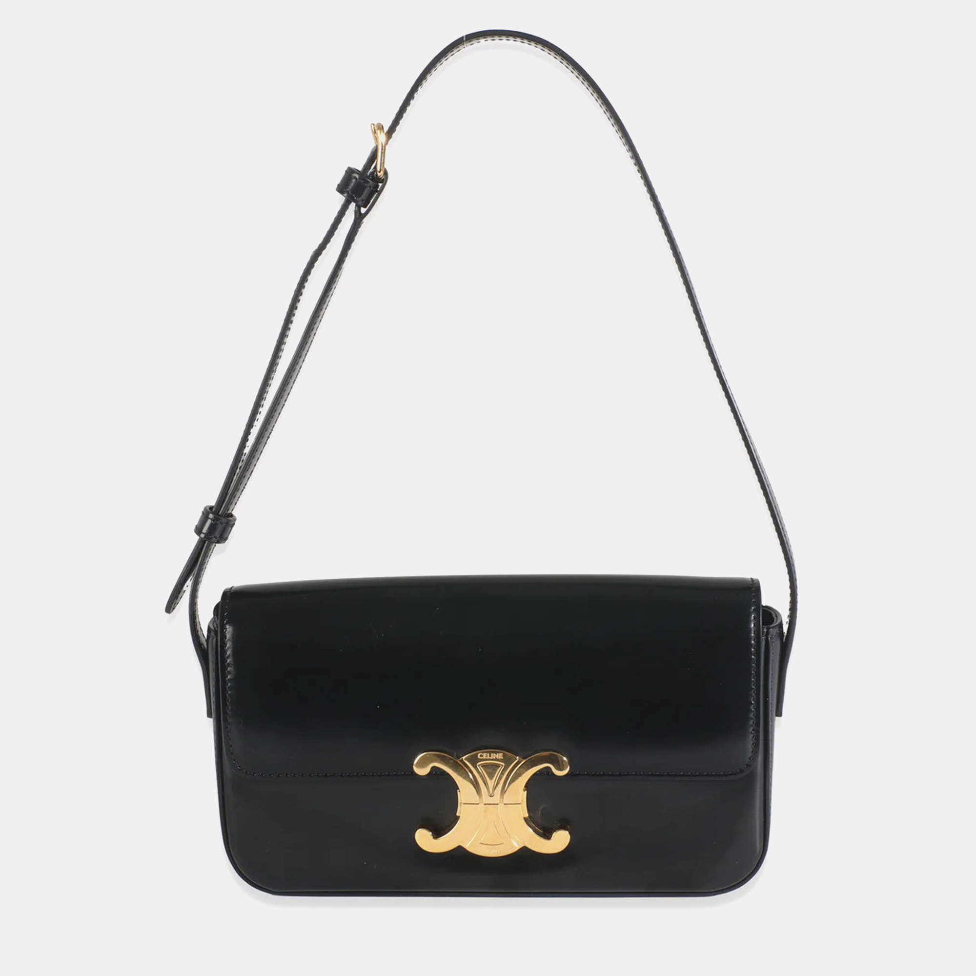 Celine Black Shiny Calfskin Triomphe Shoulder bag Celine