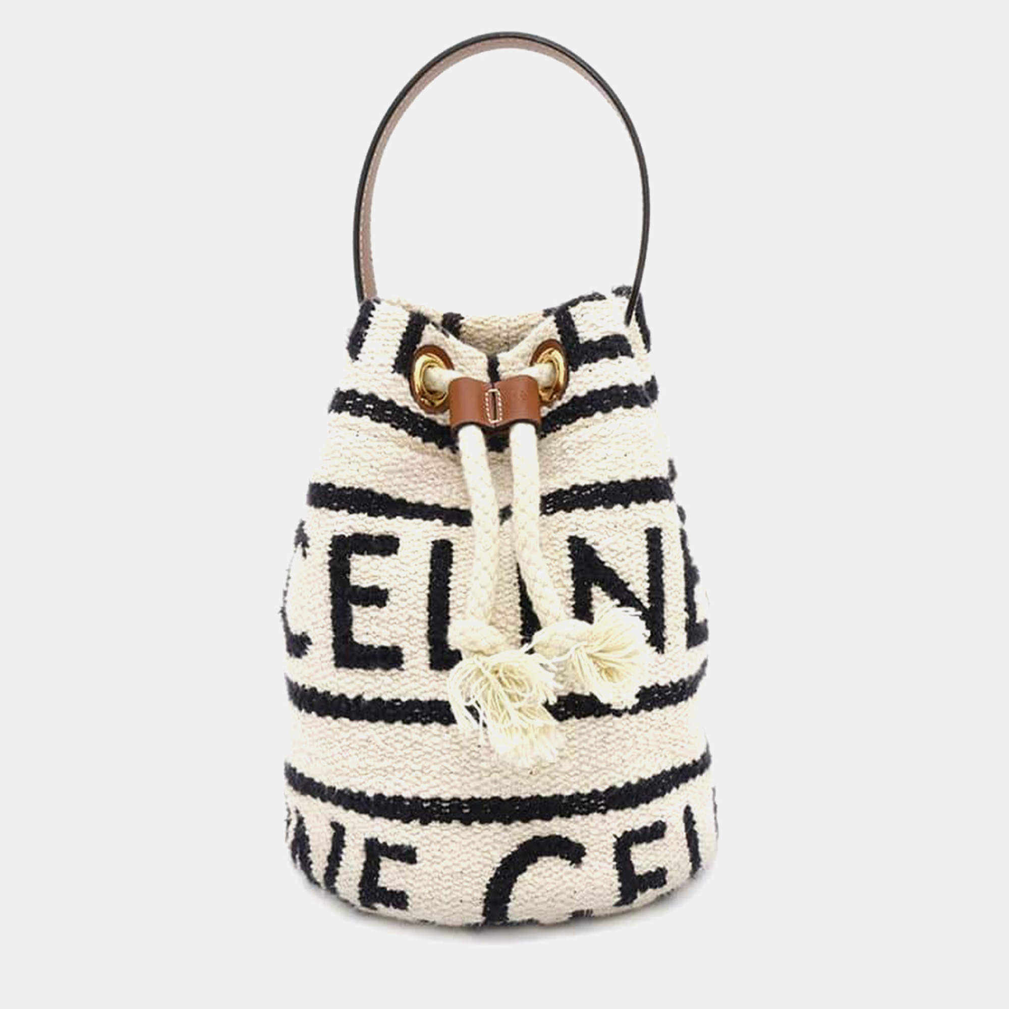 Celine Teen Drawstring Handbag White/Black/Brown Cotton Calf Leather