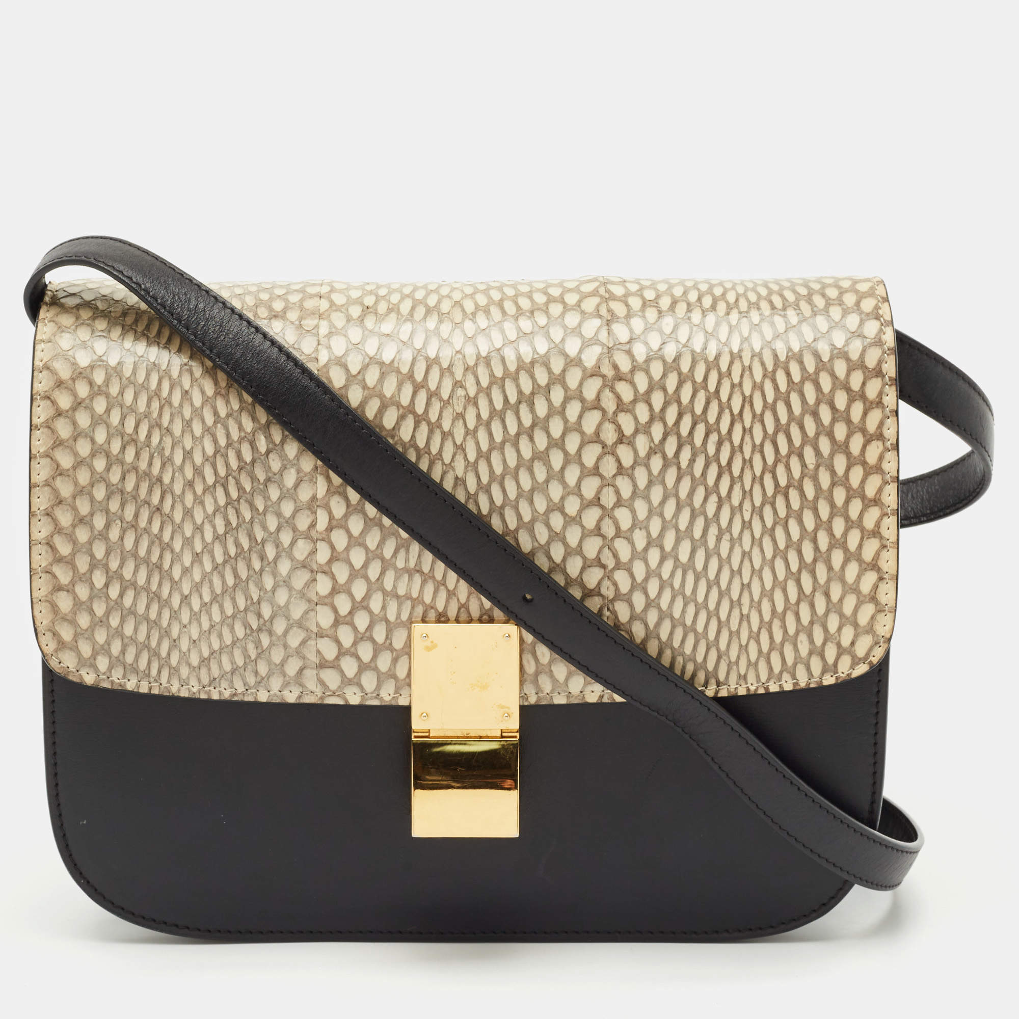 Celine Black/Off White Python and Leather Medium Classic Box Shoulder Bag