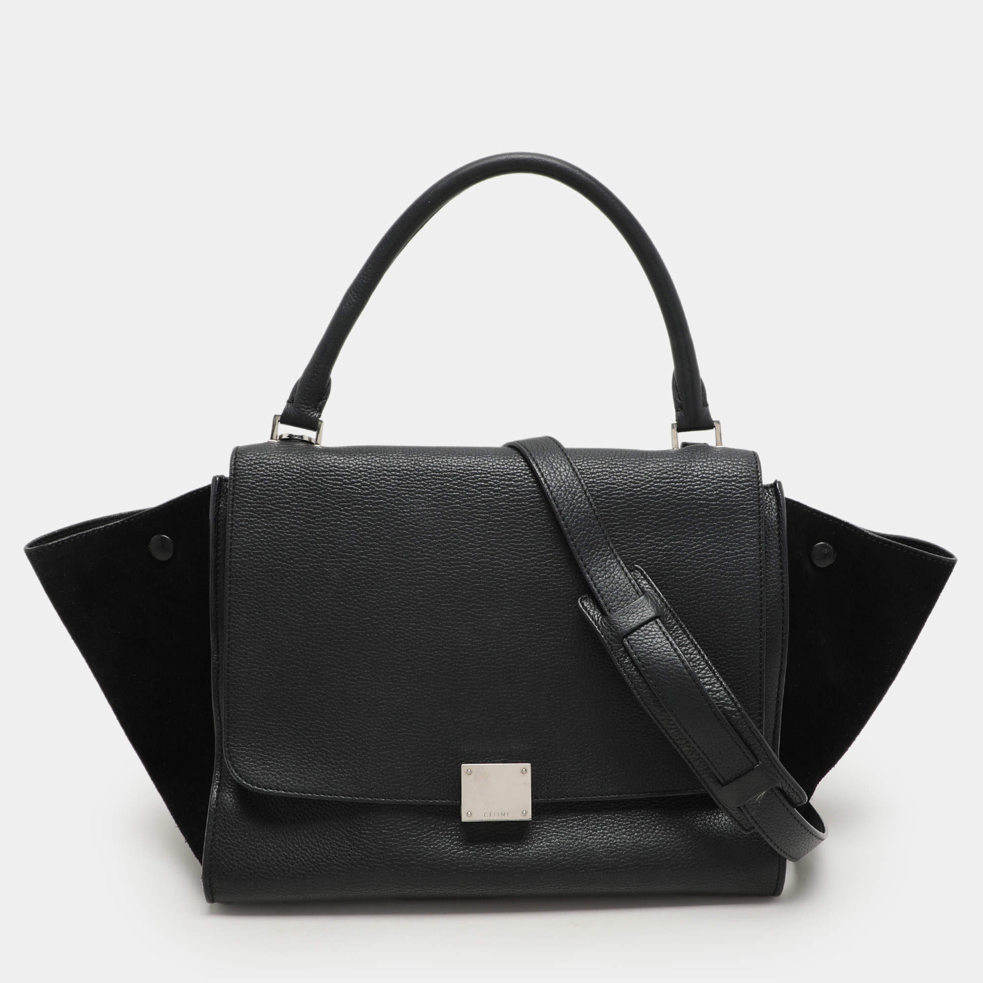 Celine Black Leather and Suede Medium Trapeze Top Handle Bag