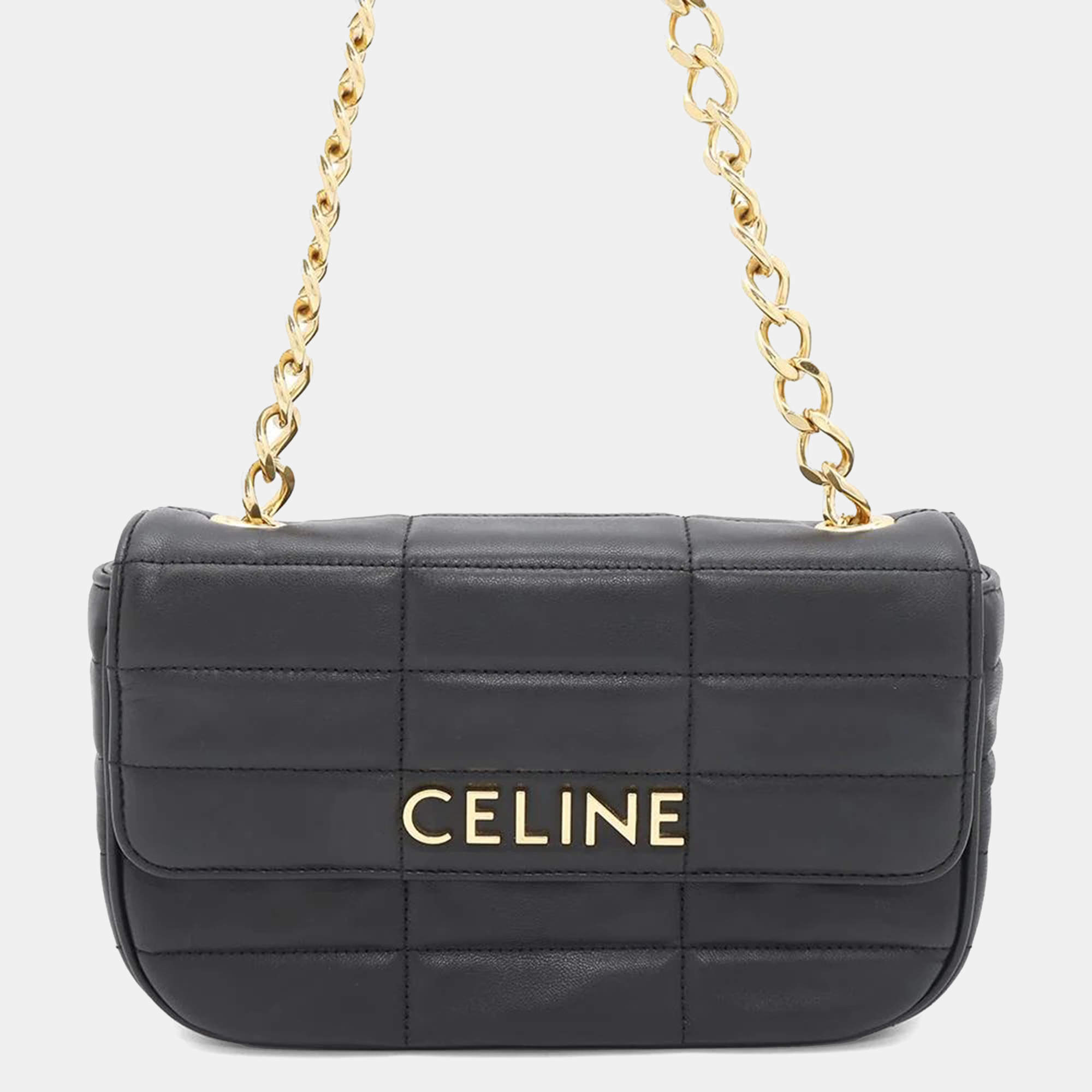 Celine Black Leather Mono Chrome Chain Shoulder Bag