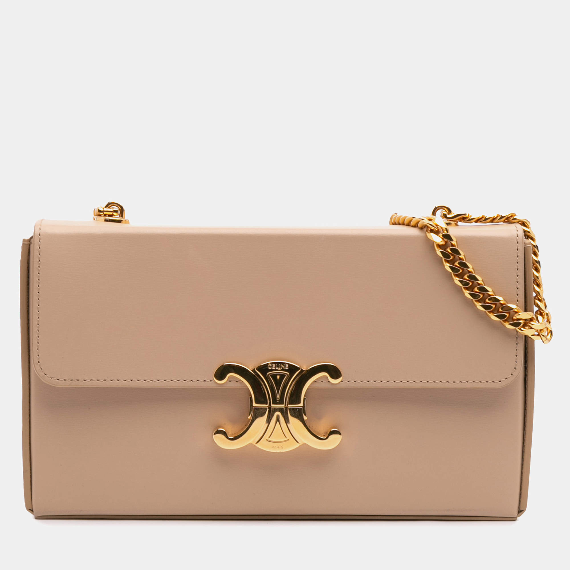 Celine Beige Shiny Calfskin Triomphe Chain Box Shoulder Bag