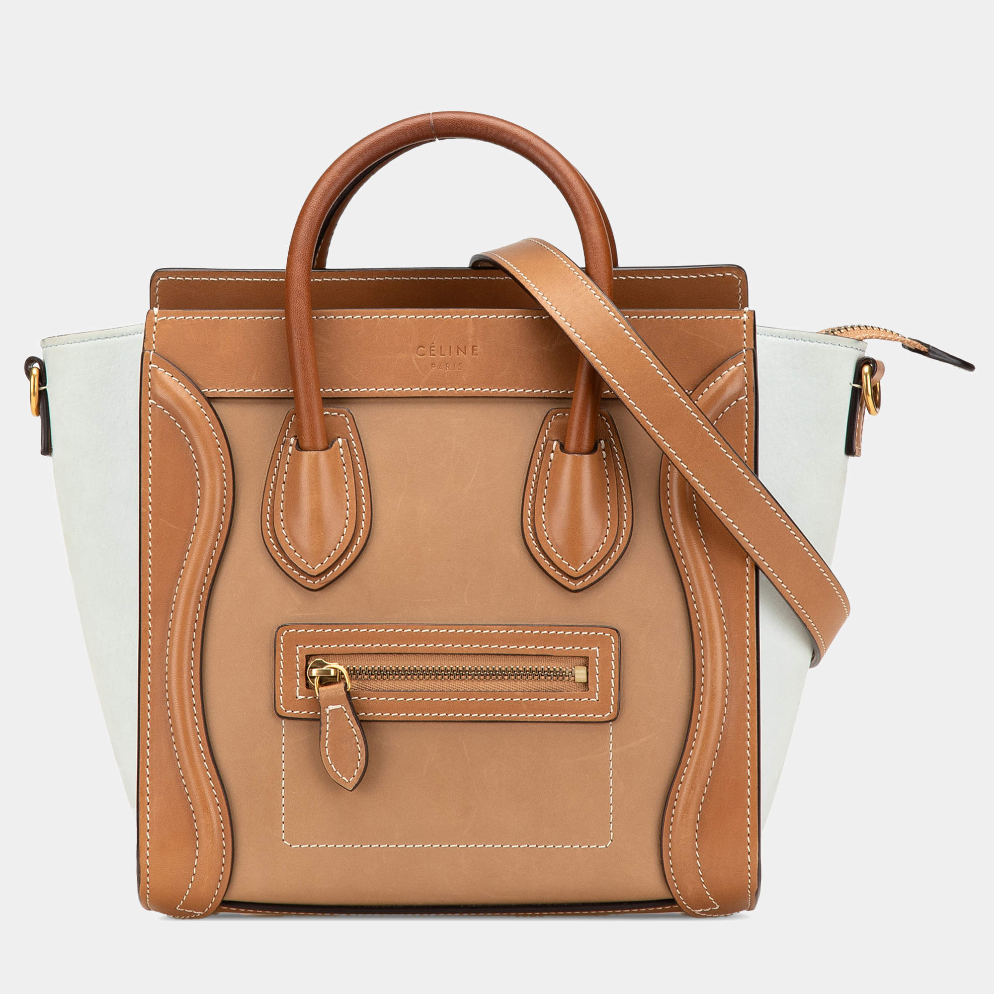 Celine Brown/White Nano Tricolor Leather Luggage Tote