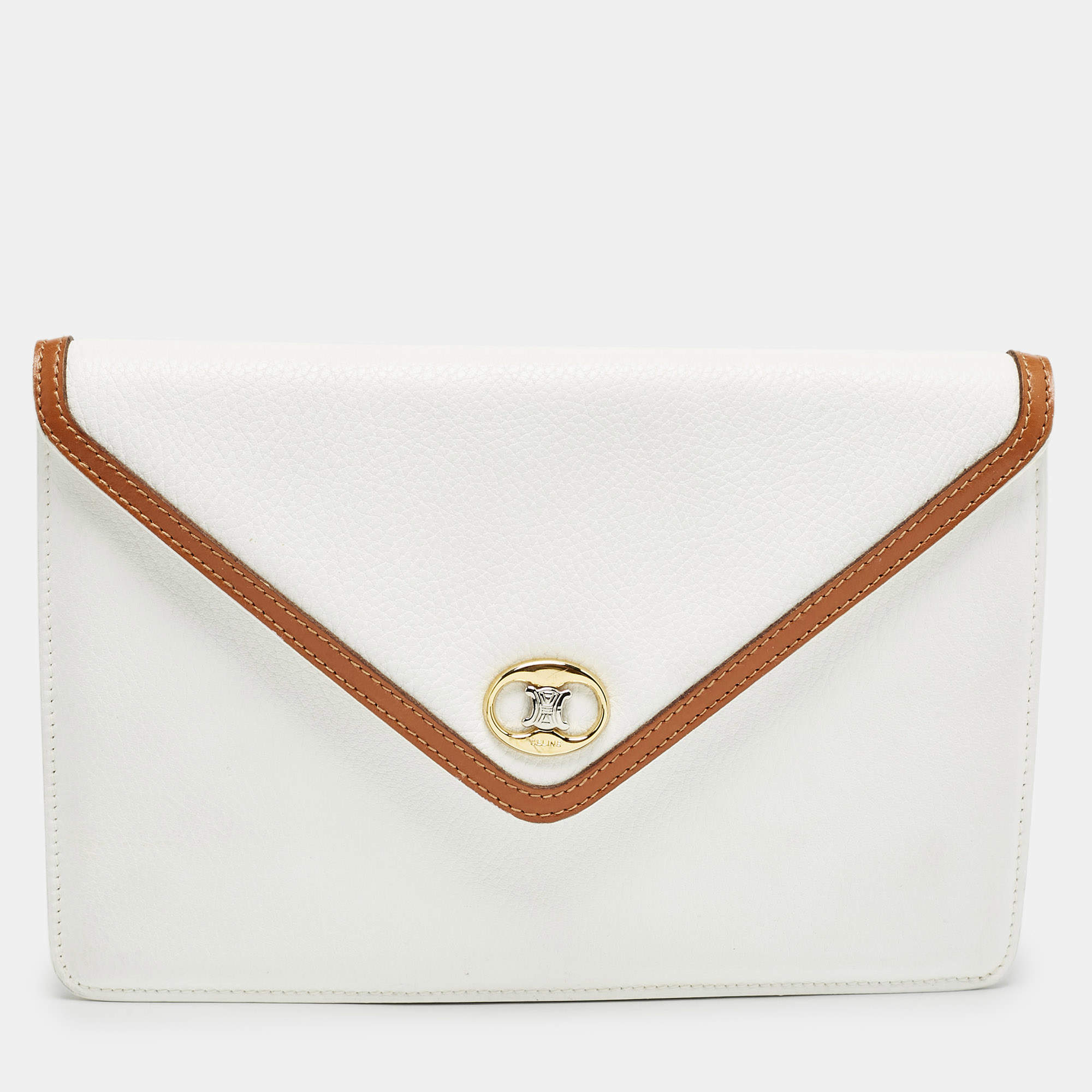 Celine White/Tan Leather Vintage Envelope Pouch