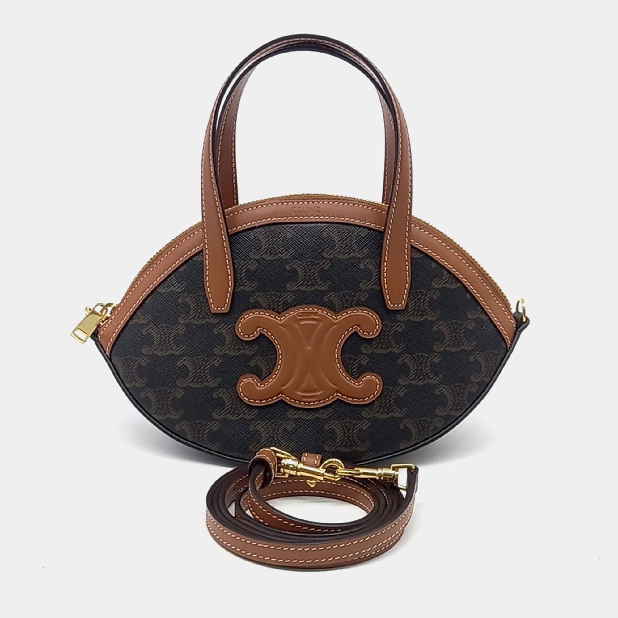 Celine Brown Coated Canvas and Leather Oval Bag
