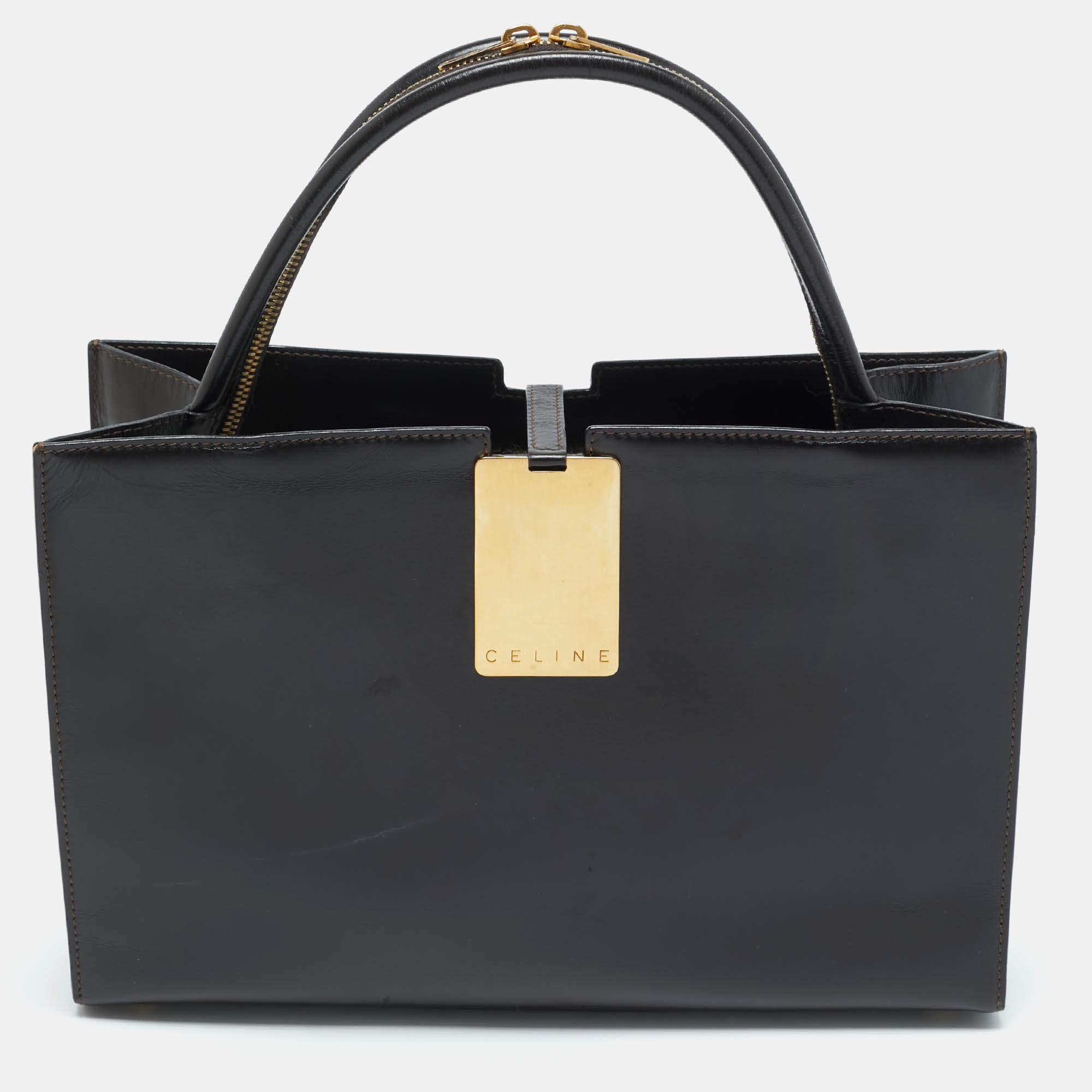 Pre Owned Celine Dark Brown Leather Zip Detail Tote
