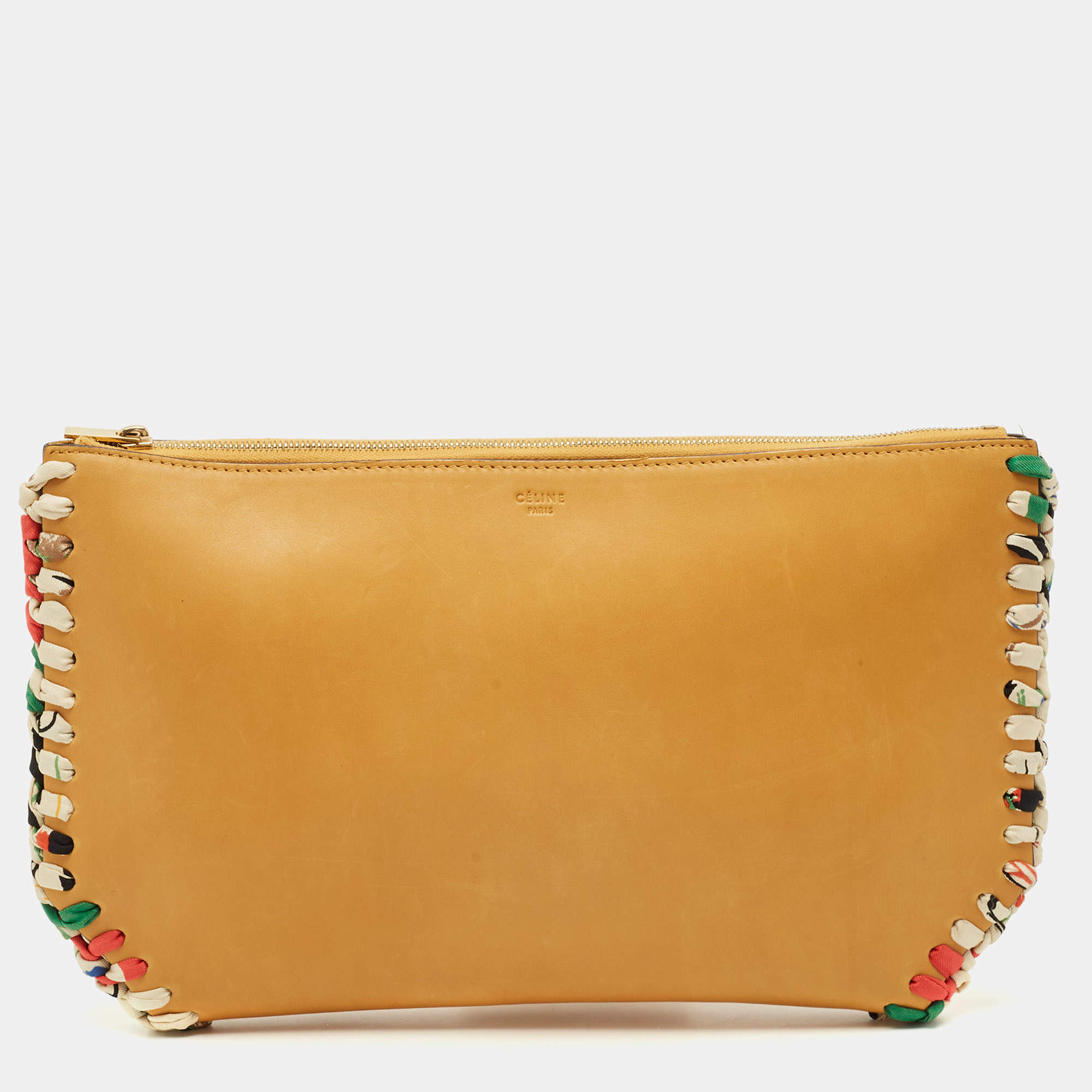 Pre Owned Celine Mustard Leather Braided Zip Pouch