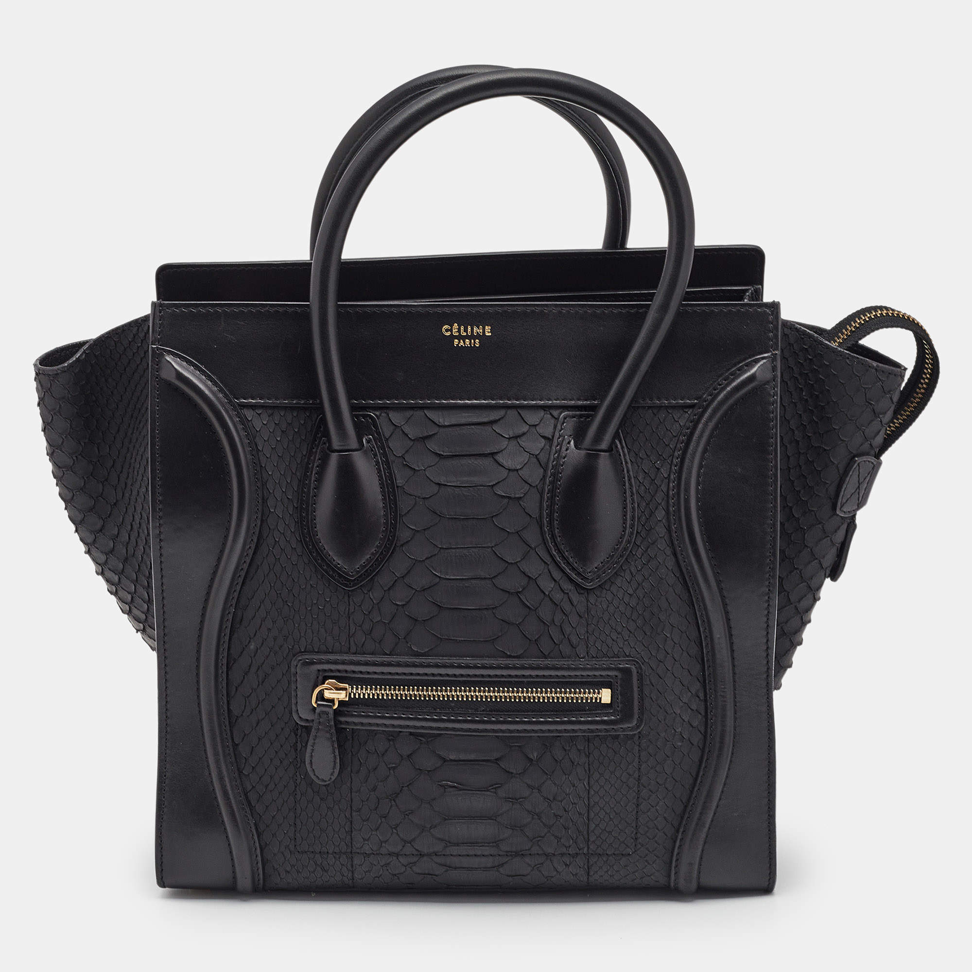 Pre Owned Celine Black Leather and Python Mini Luggage Tote