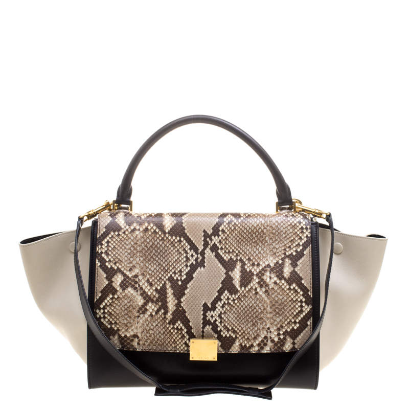 Pre Owned Celine Tri Color Leather and Snakeskin Medium Trapeze Tote