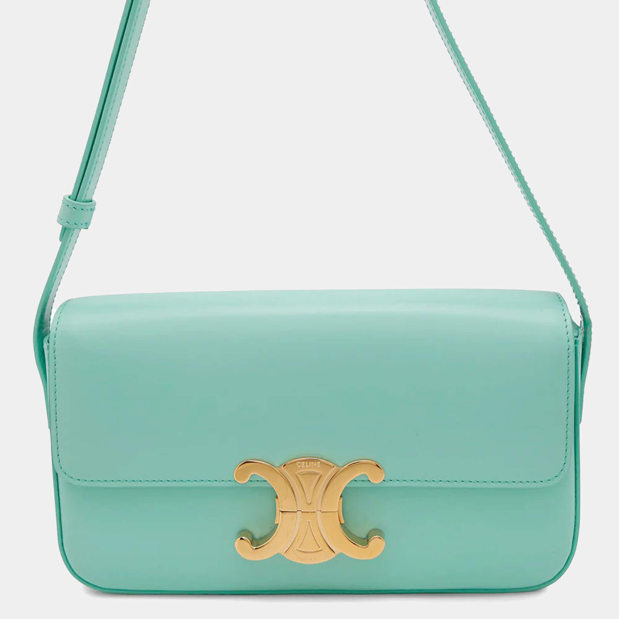 Celine Triomphe Claude Shoulder Bag Turquoise Shiny Calf Leather