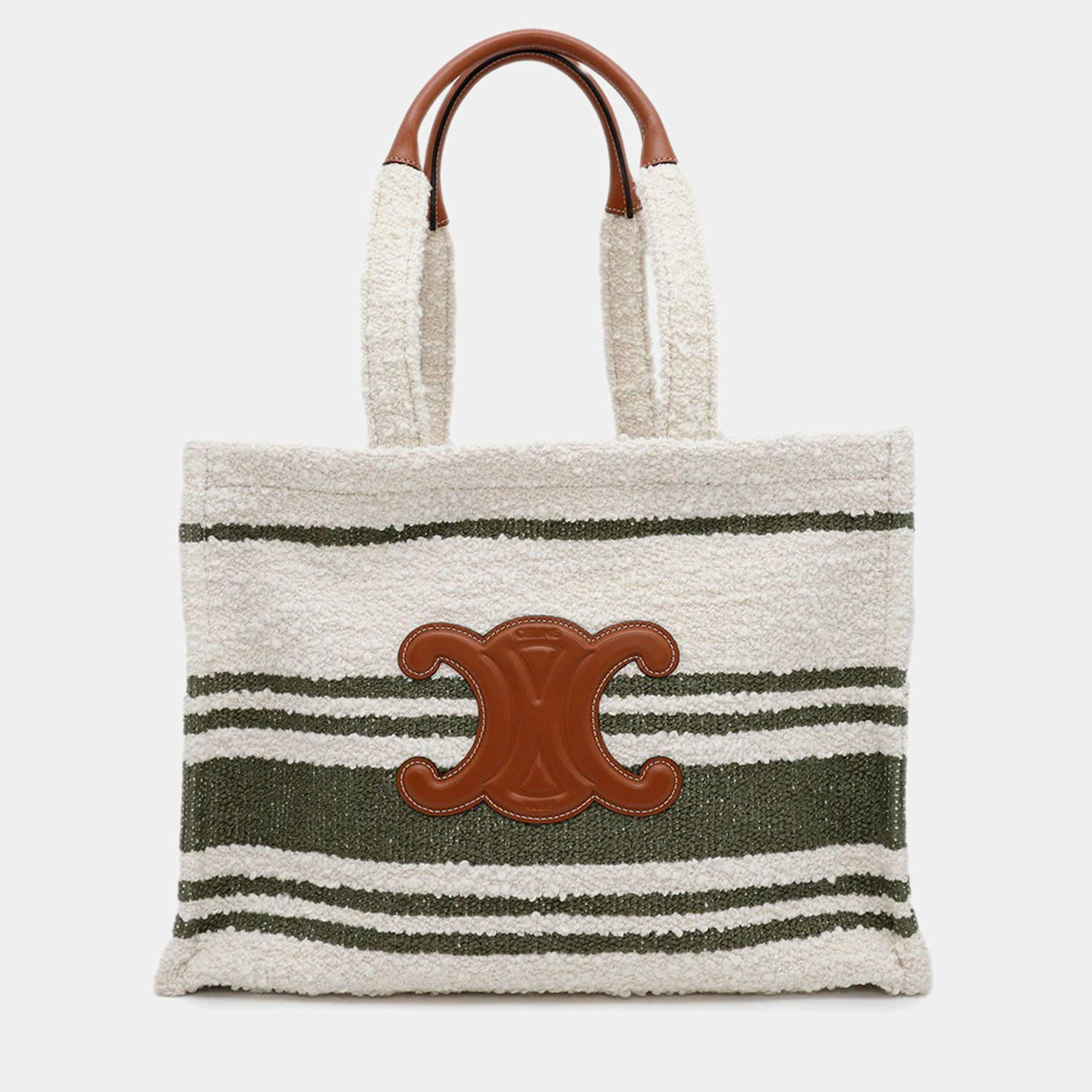 Celine Triomphe Large Cabas Thais Tote Bag White/Green Canvas Leather Size Large