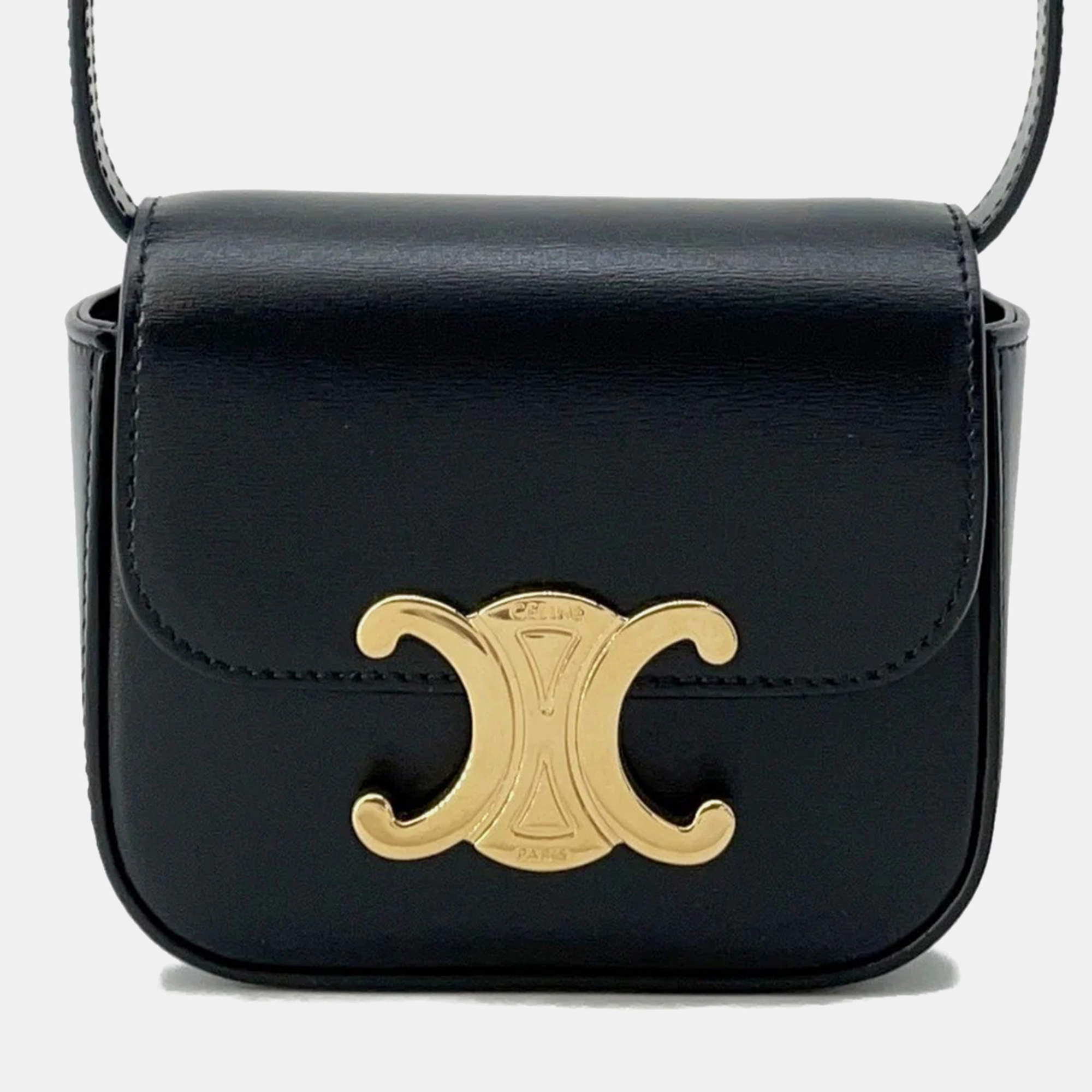 Celine Triomphe Claude Shoulder Bag Black Leather Size Mini