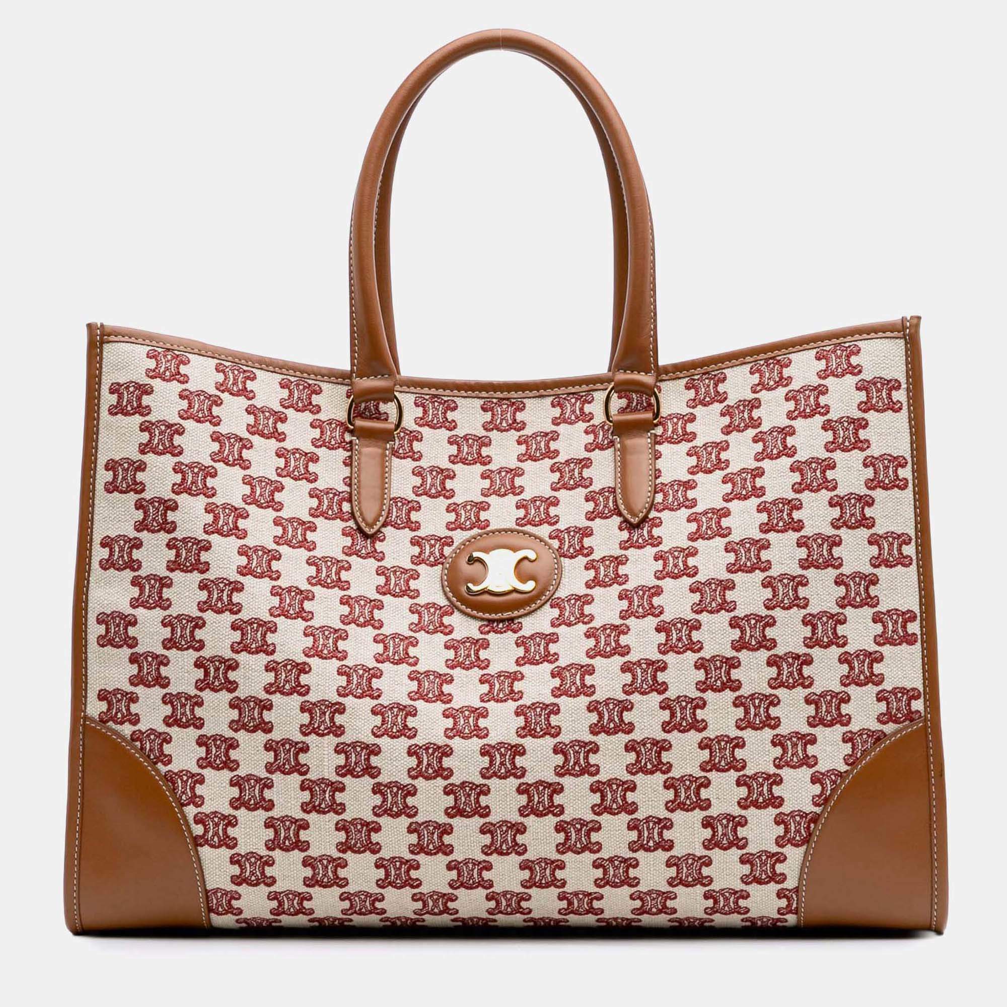 Celine Beige/Brown Triomphe Embroidered Canvas Horizontal Cabas