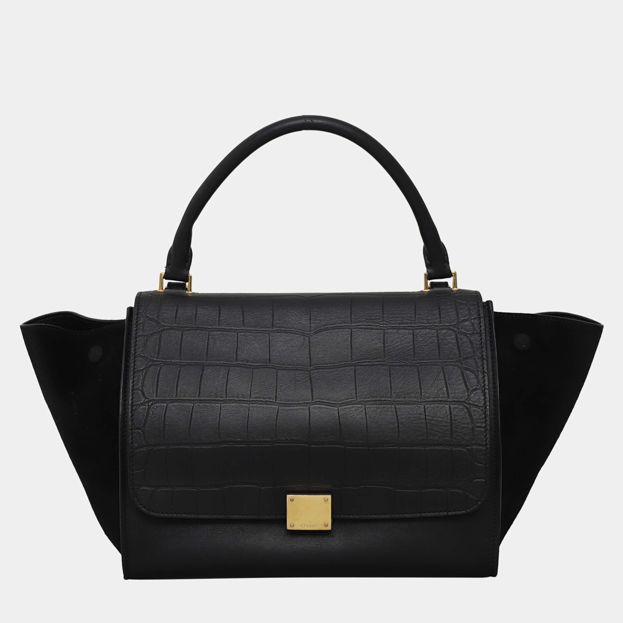 Celine Trapeze Medium Black Croc Embossed Leather Bag
