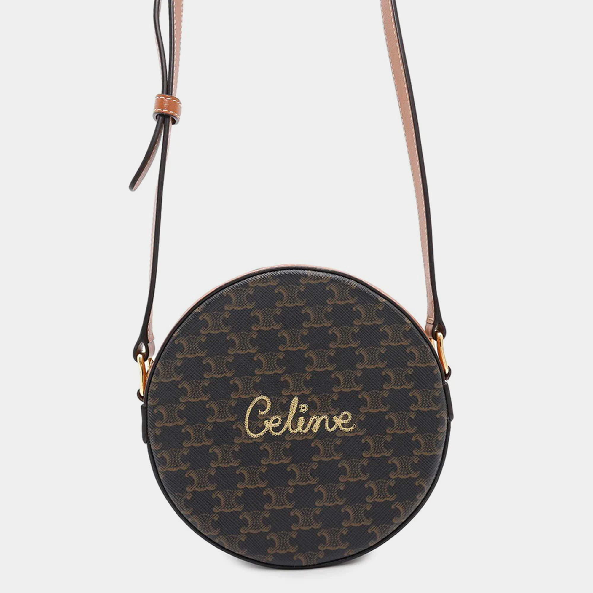 Celine Triomphe Round Tan PVC Coated Canvas and Leather Shoulder Bag