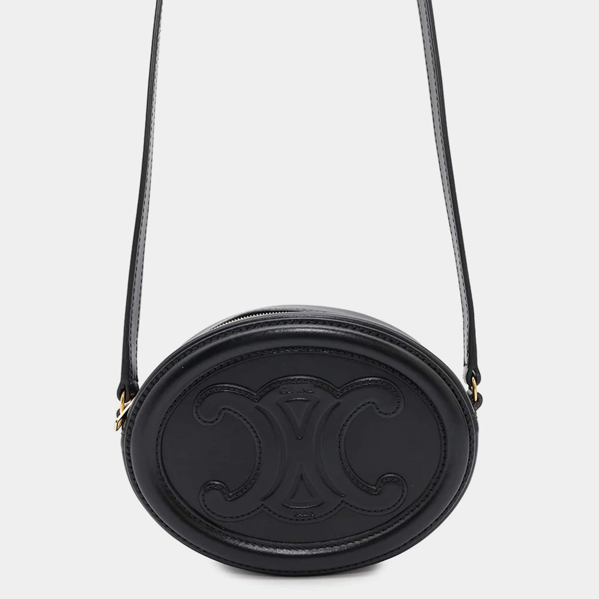 Celine Cuir Triomphe Oval  Black Leather Shoulder Purse