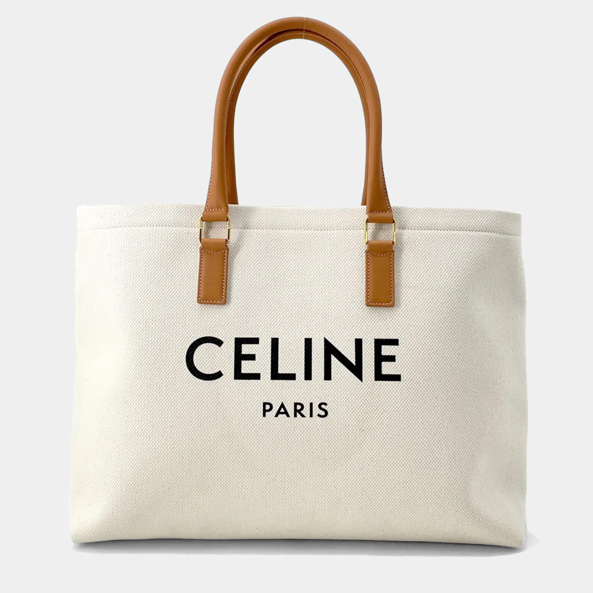 Celine Horizontal Cabas White/Brown Canvas Leather