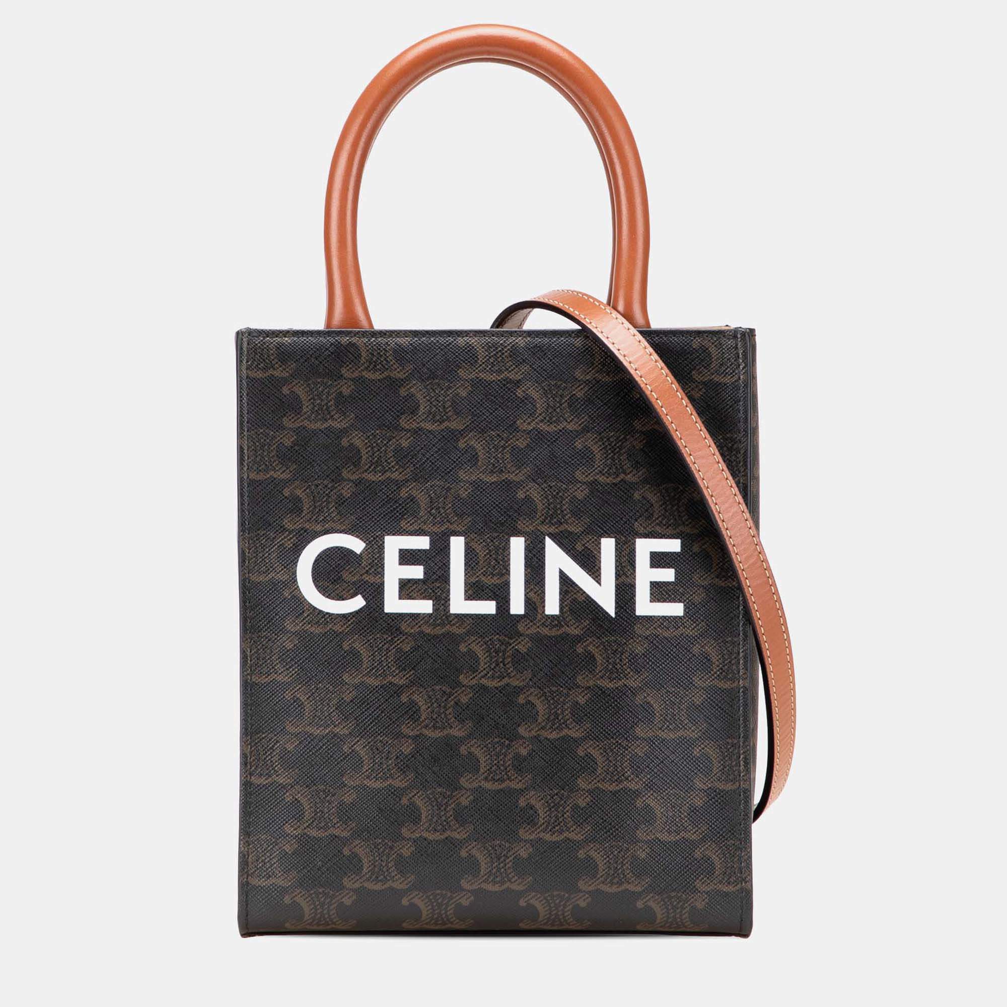 Celine Brown Mini Triomphe Coated Canvas Vertical Cabas Satchel