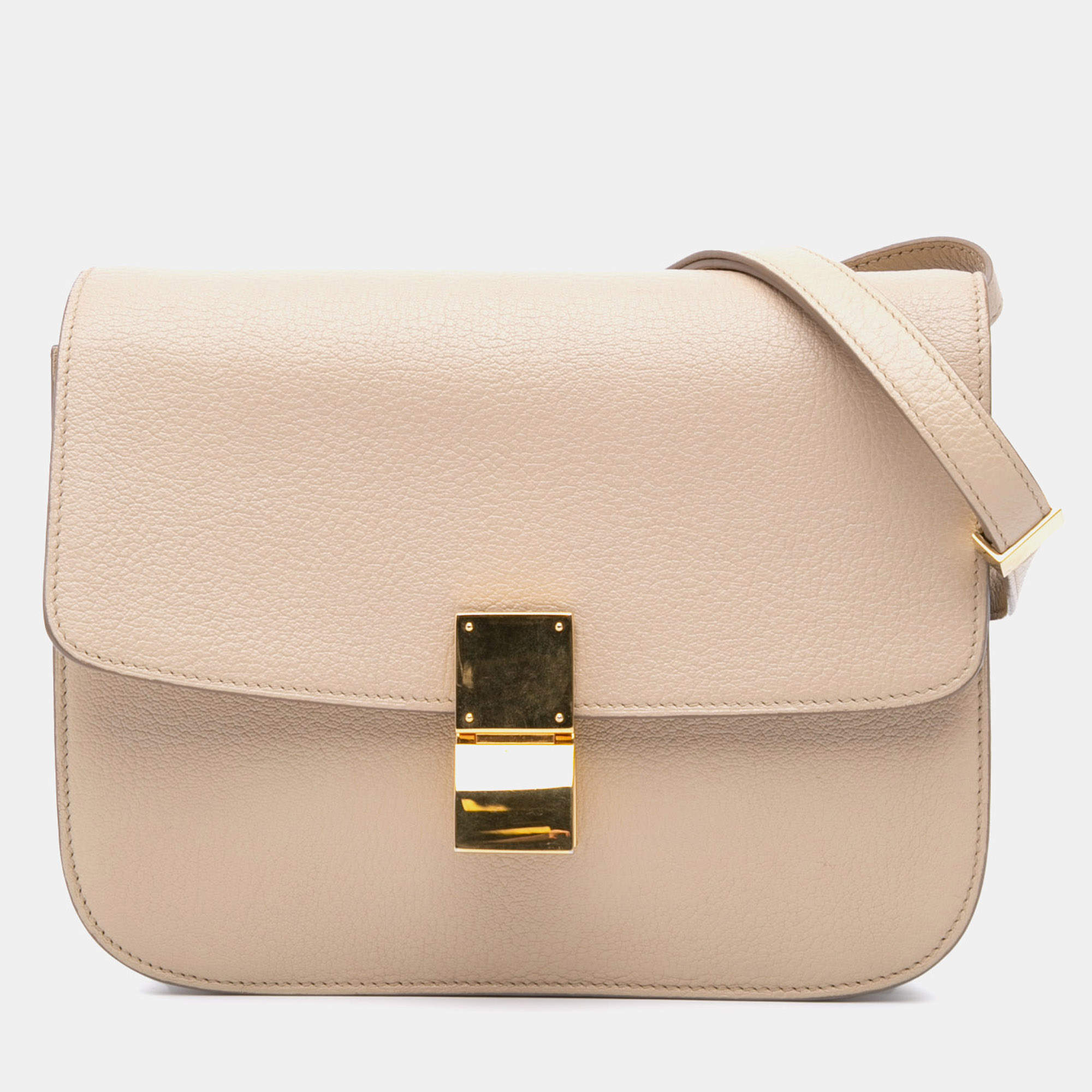 Celine Beige Medium Calfskin Classic Box  Shoulder Bag
