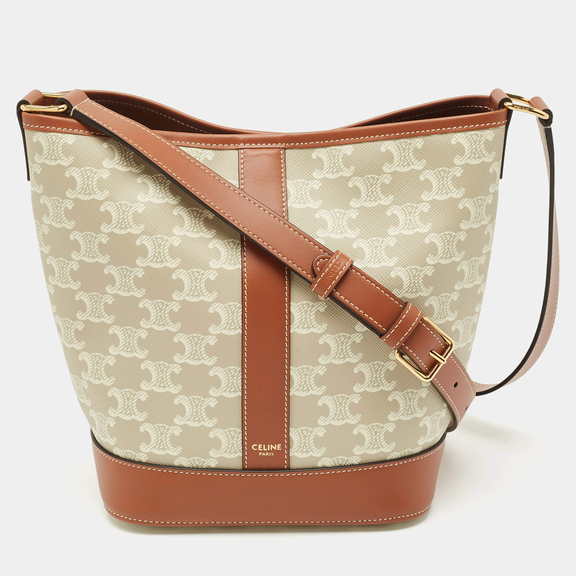 Celine White/Tan Triomphe Canvas Small Bucket Bag