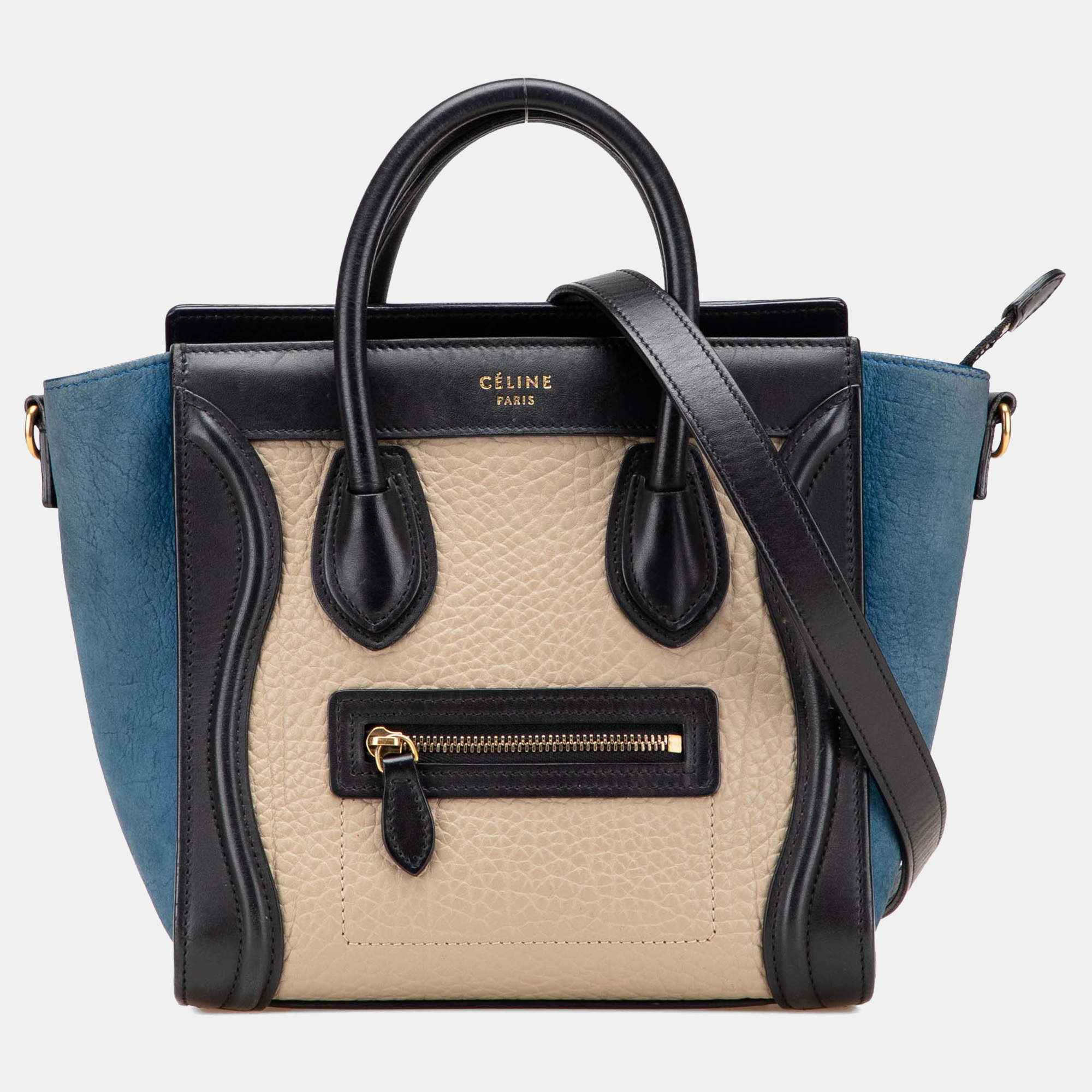 Pre Owned Celine Beige Black Nano Tricolor Nubuck and Calfskin Luggage Tote