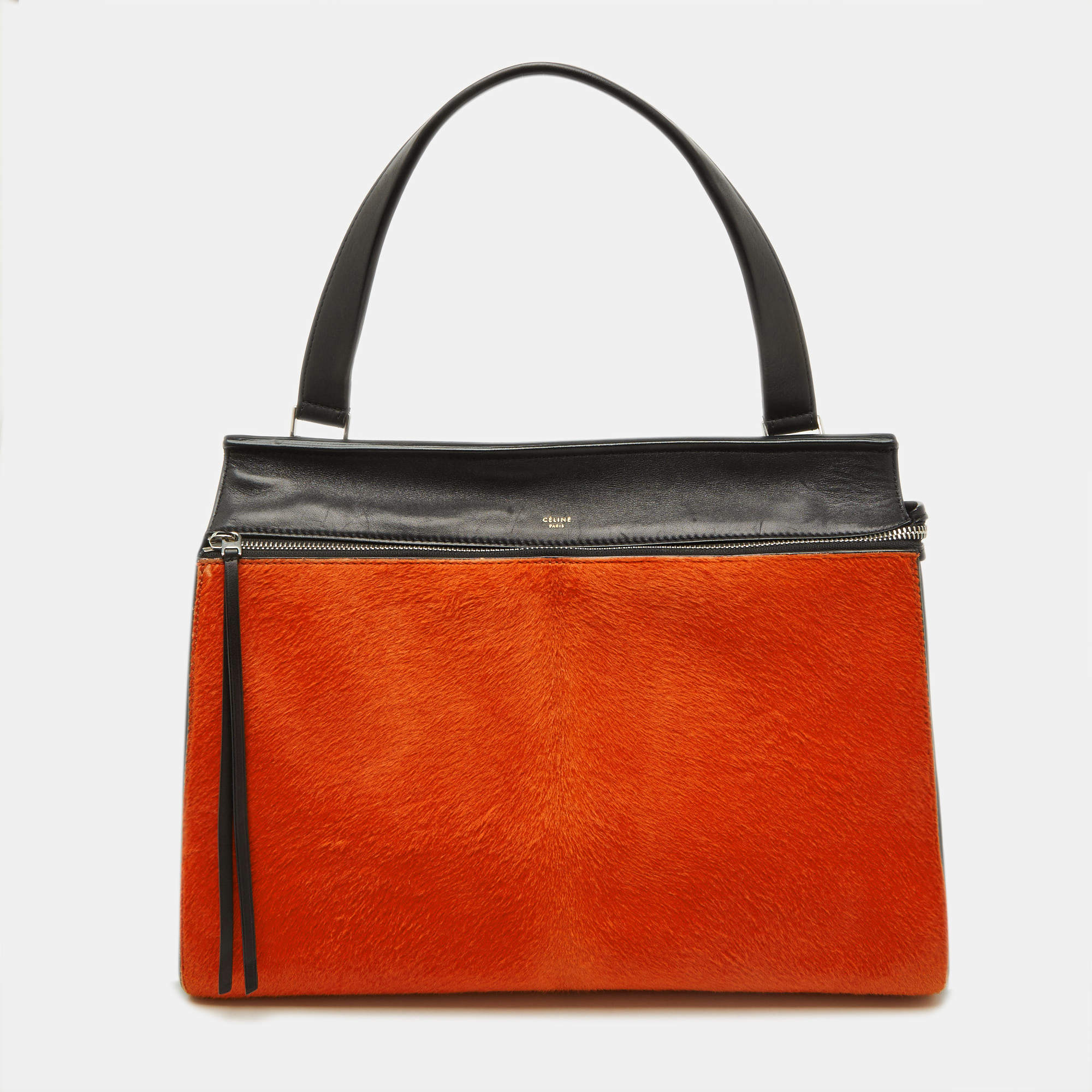 Pre Owned Celine Black/Orange Calf Hair and Leather Medium Edge Top Handle Bag