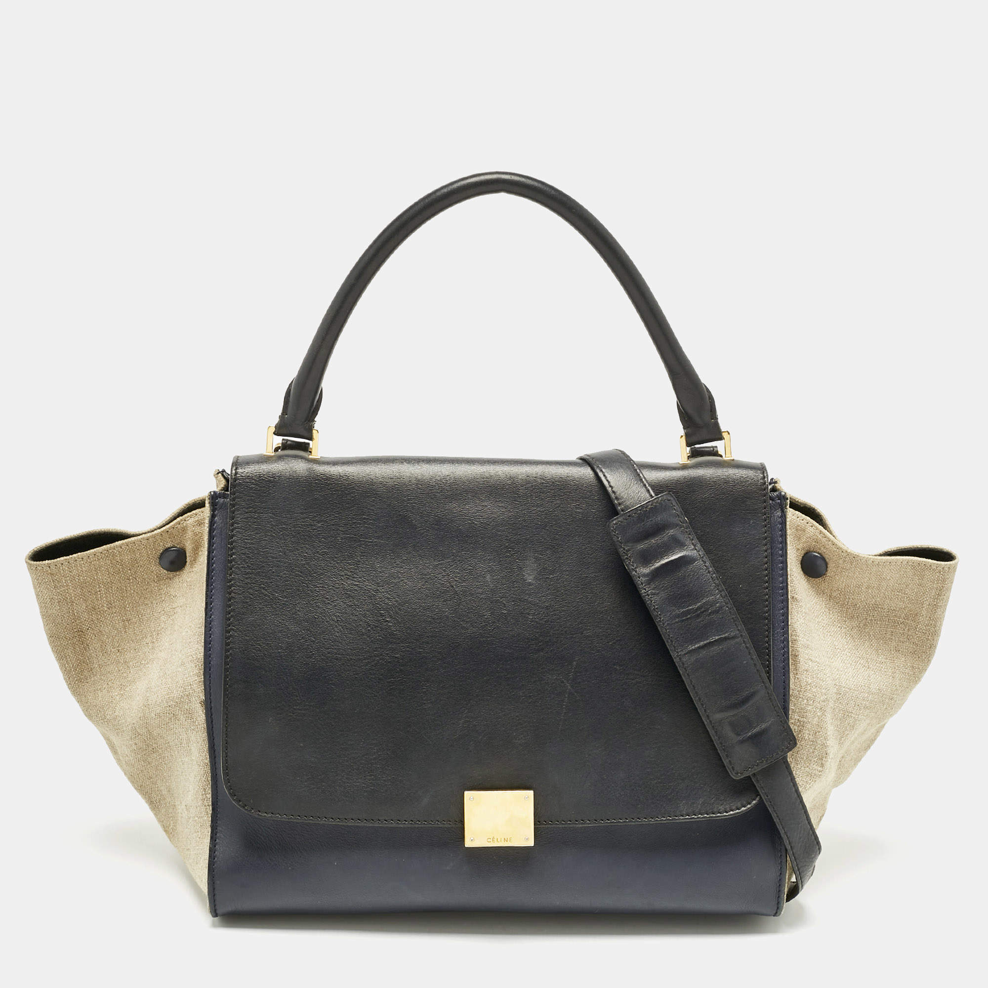 Pre Owned Celine Tricolor Leather and Canvas Medium Trapeze Top Handle Bag