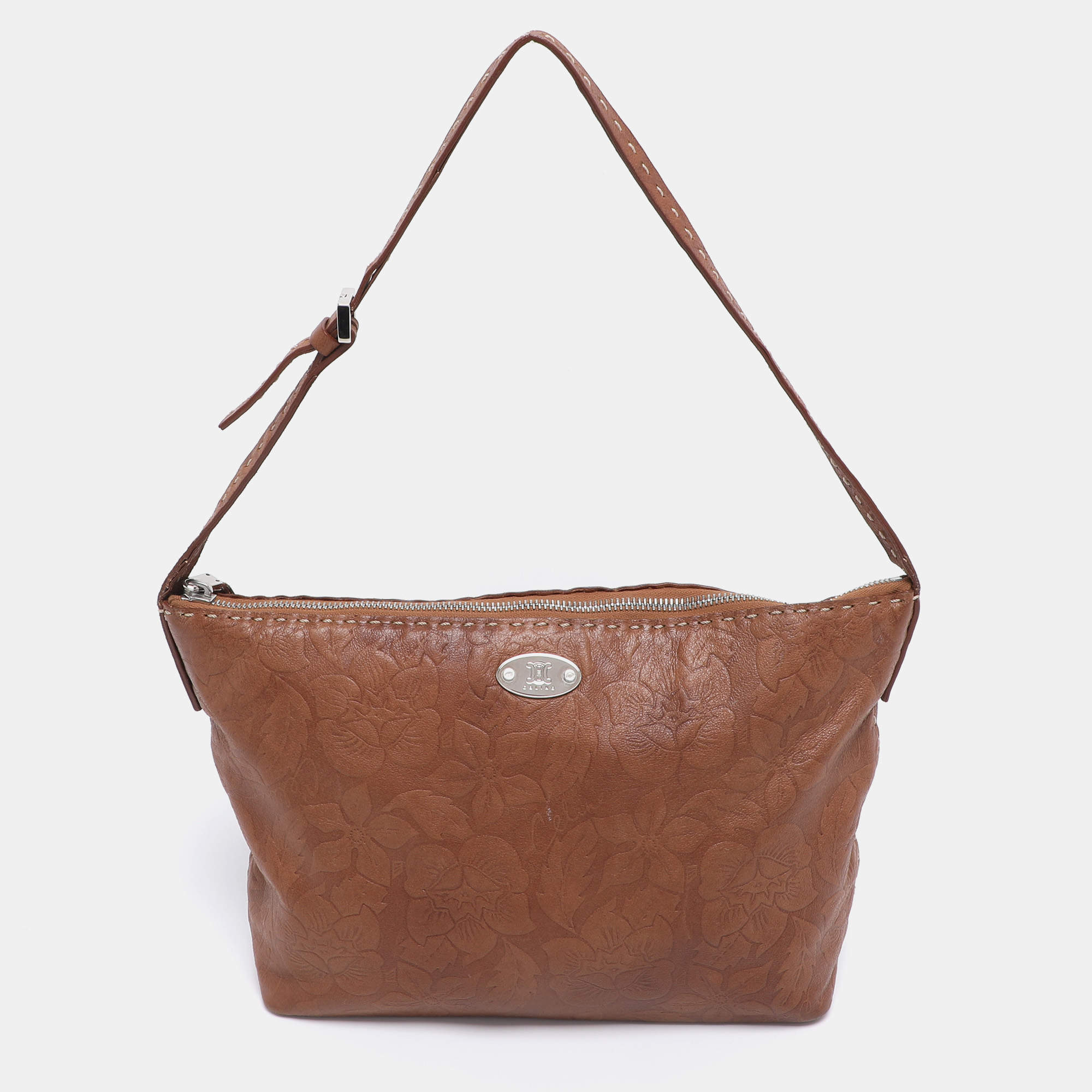 Pre Owned Celine Brown Floral Embossed Leather Vintage Shoulder Bag