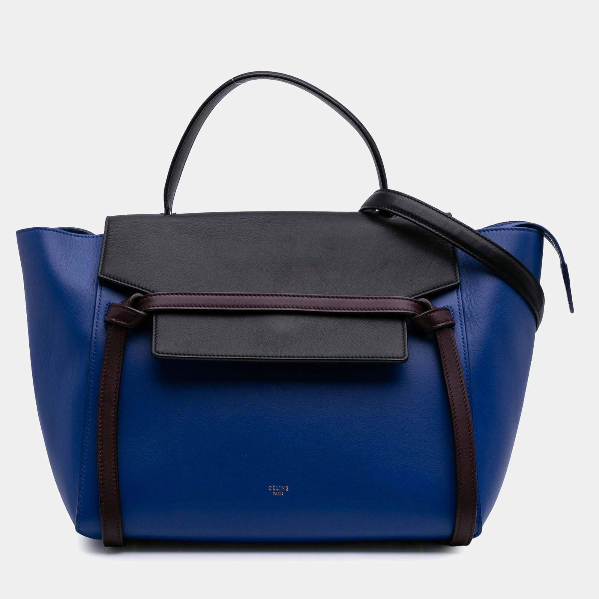 Pre Owned Celine Black Blue Mini Bicolor Grained Calfskin Belt Bag