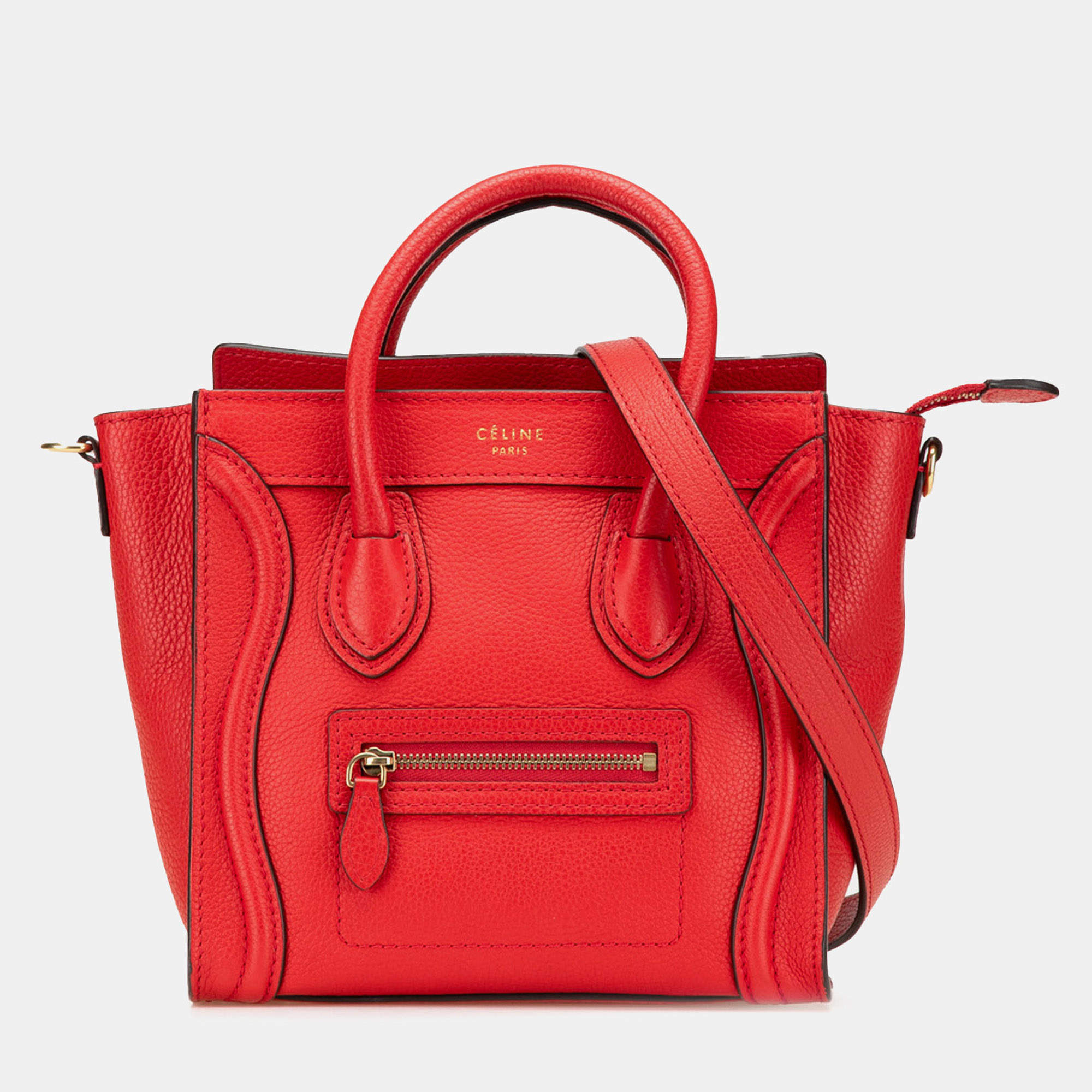 Pre Owned Celine Red Nano Leather Luggage Tote