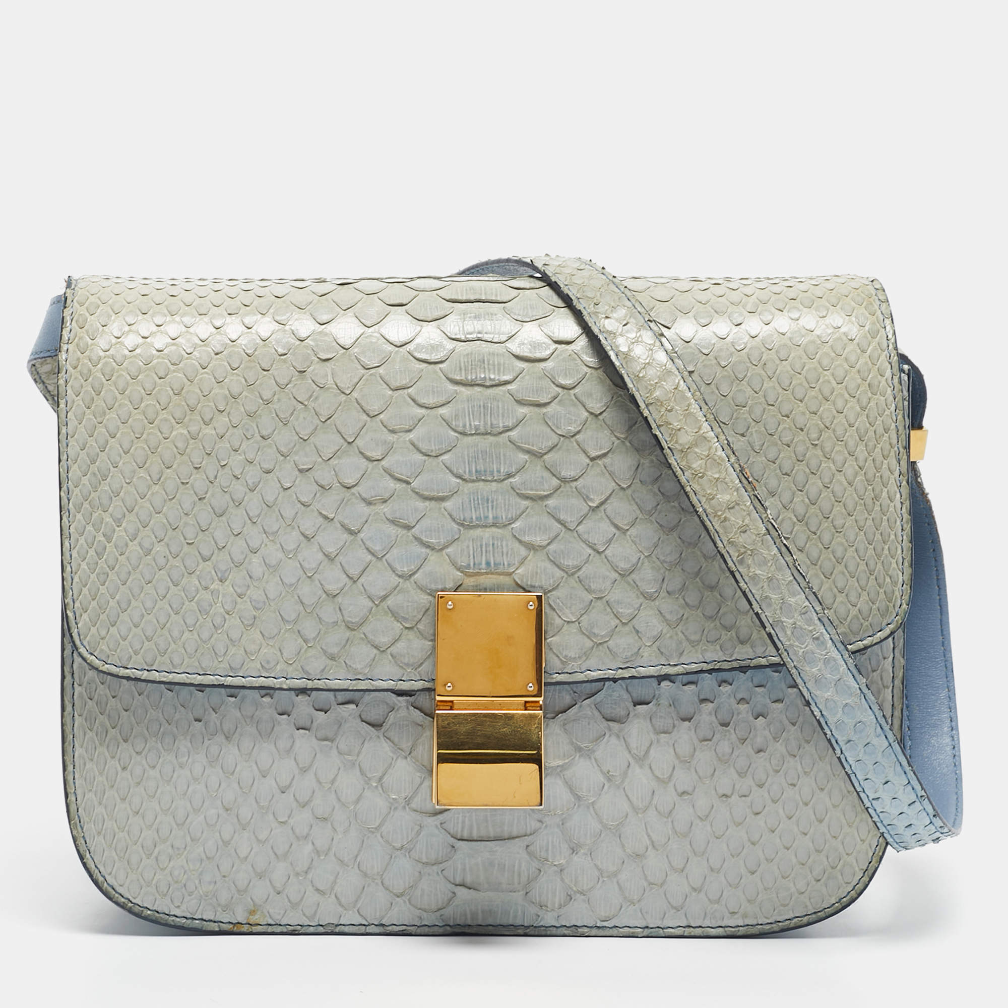 Pre Owned Celine Light Blue Python Medium Classic Box Shoulder Bag